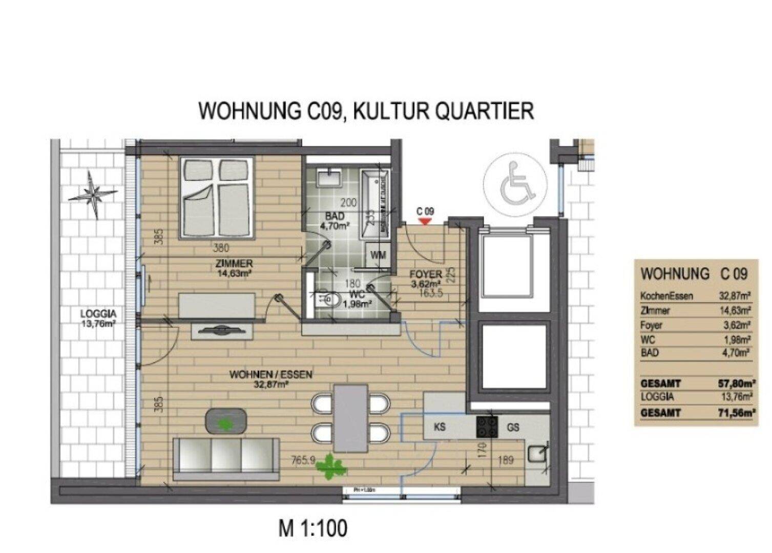 Grundriss der Wohnung C09 mit Wohn-Essbereich, Schlafzimmer und Loggia.