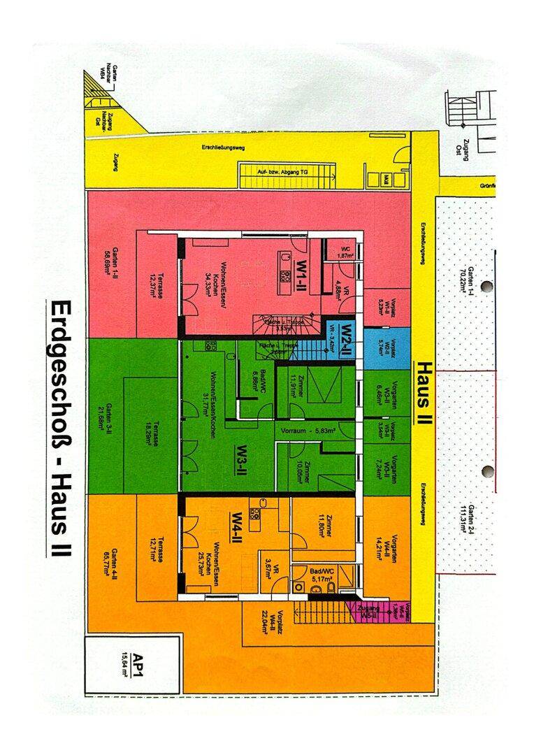 Detaillierter Grundriss des Erdgeschosses von Haus II mit mehreren Wohnungen und Terrassen.