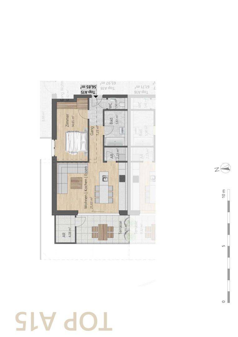 Detaillierter Grundriss der Wohnung mit Zimmern, Bad, WC und Terrasse.