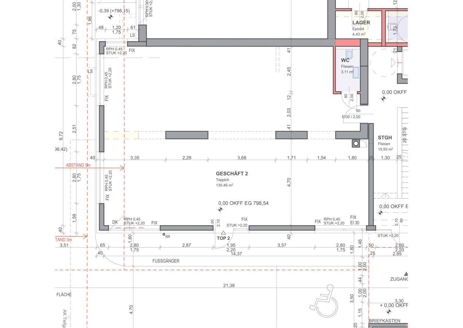 Detaillierter Grundriss von Geschäft 2 mit Lager, WC und Zugangsbereich.