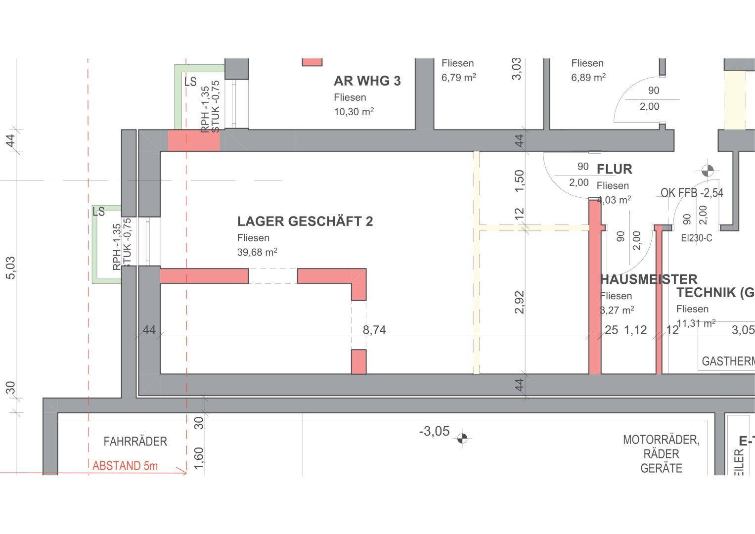 Grundrissdetail mit Lagerfläche, Technikraum und Fahrrad- sowie Motorradabstellplätzen.