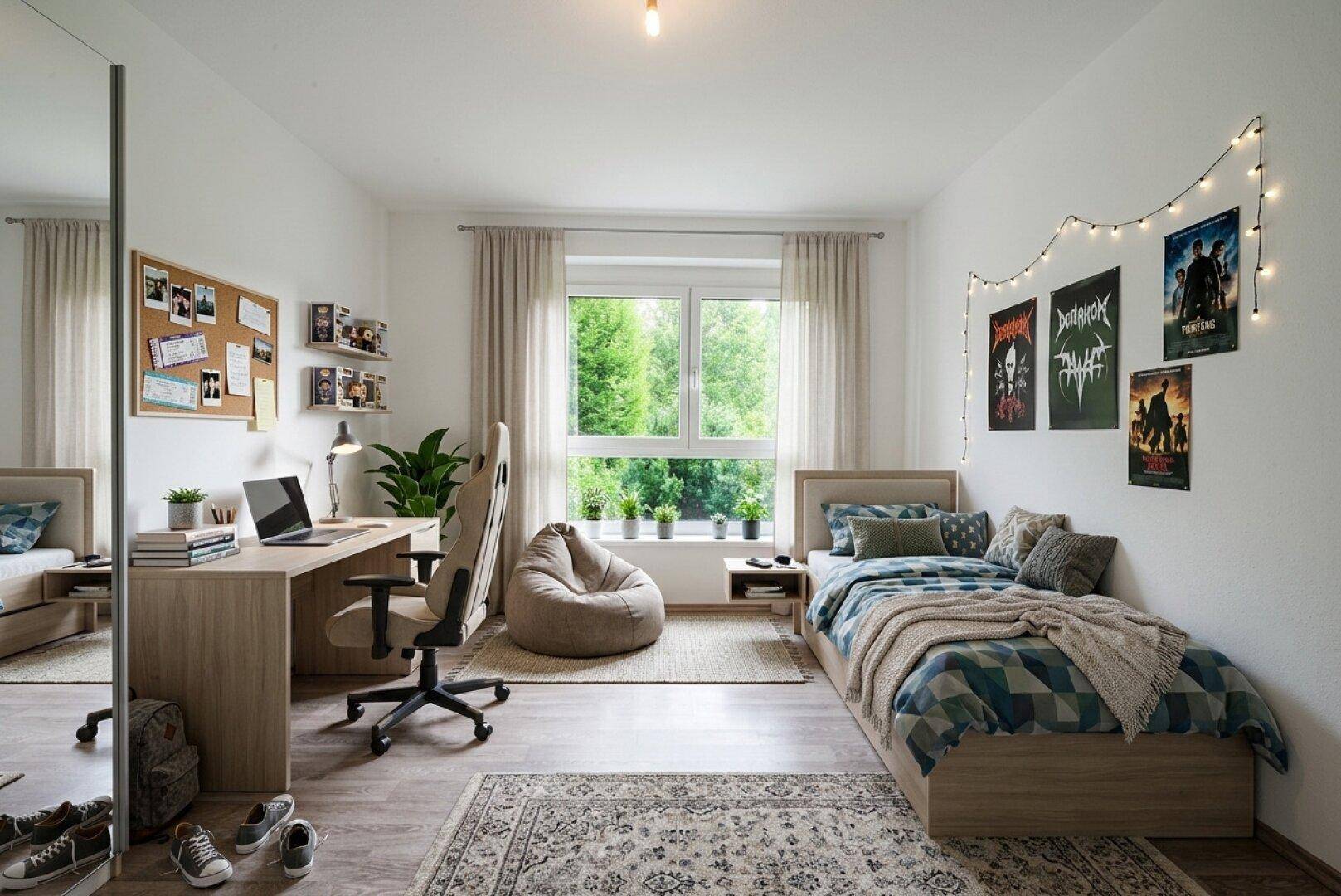 Helles Jugendzimmer mit Schreibtisch, Einzelbett und Blick ins Grüne durch das große Fenster.
