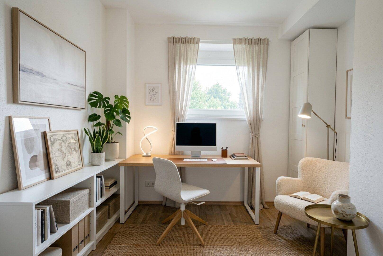 Ruhiges Arbeitszimmer mit Schreibtisch, Bücherregal und viel Tageslicht durch das Fenster.