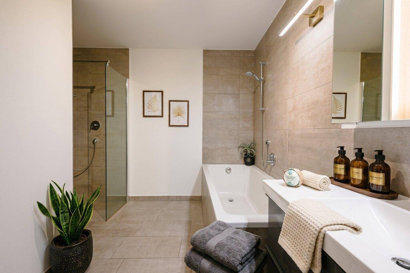 Modernes Badezimmer mit Badewanne, begehbarer Dusche und hellen Fliesen.