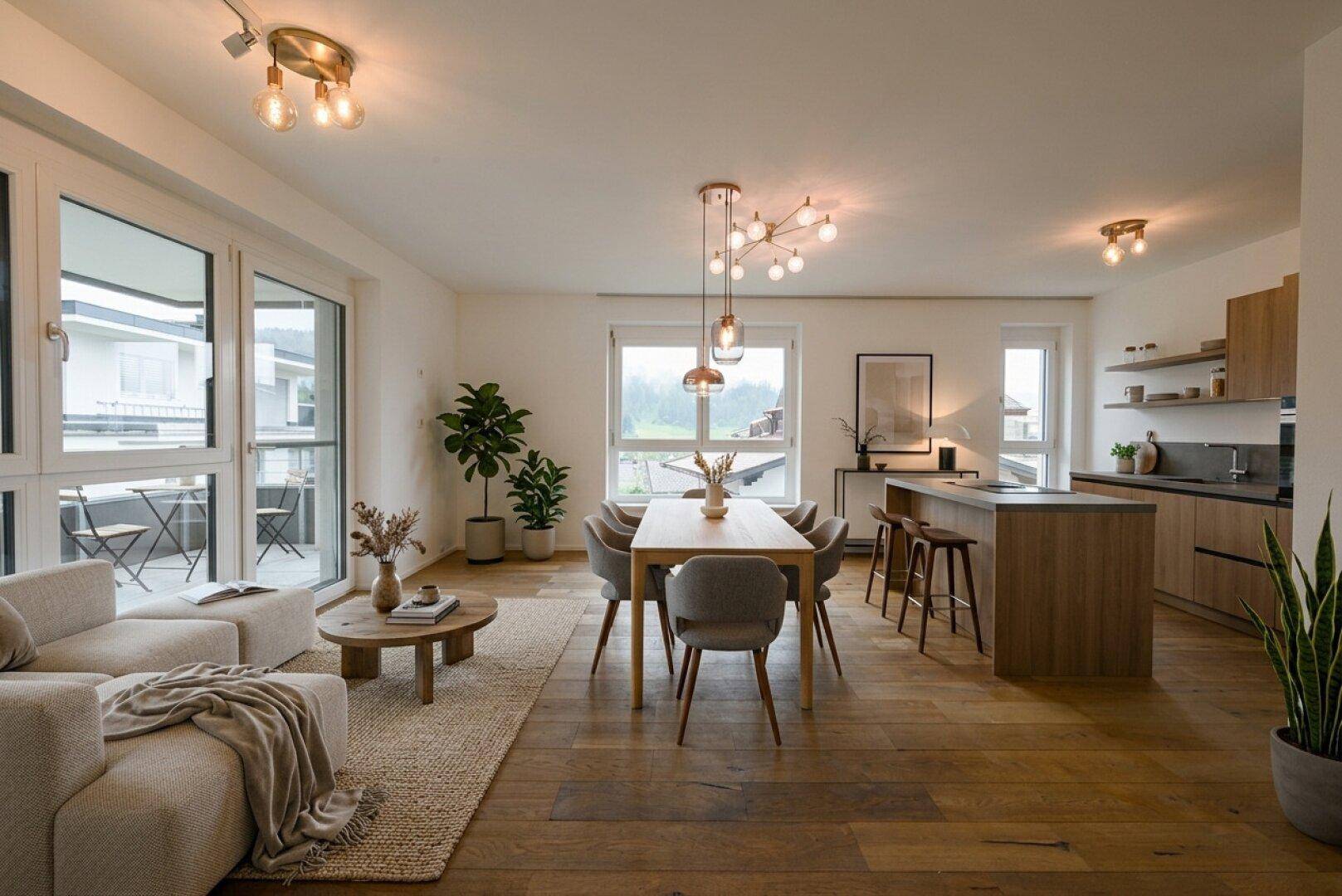 Heller, offener Wohn- und Essbereich mit Holzboden, moderner Küche und Zugang zum Balkon.