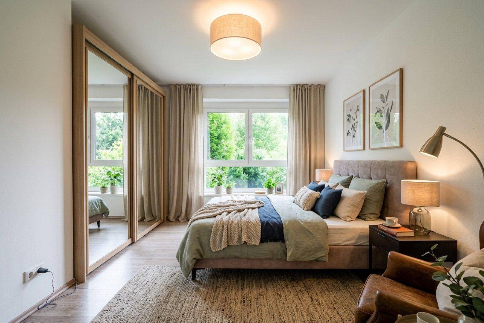Gemütliches Schlafzimmer mit großem Fenster, Holzboden und Spiegelschränken für viel Stauraum.