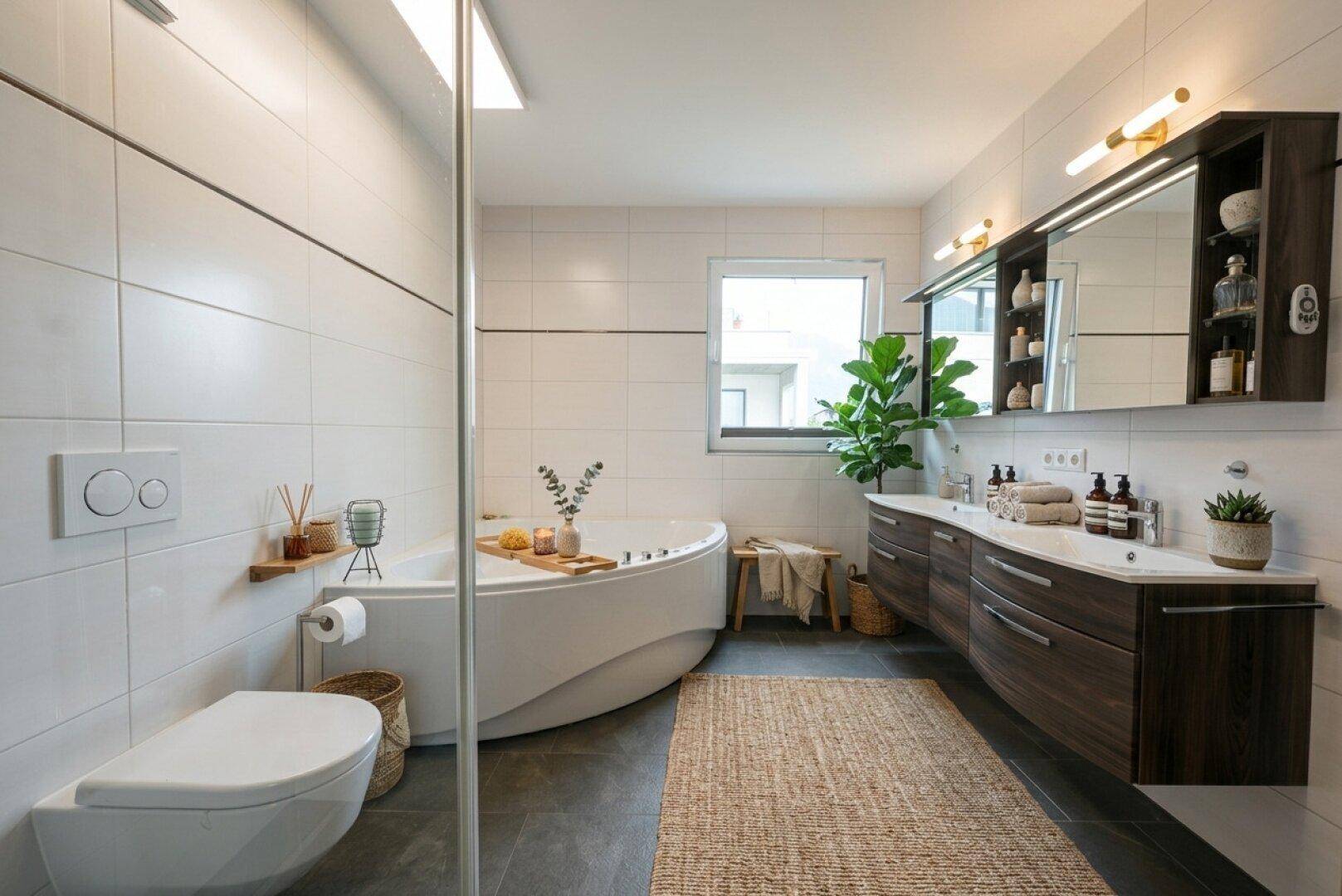 Modernes Badezimmer mit großer Badewanne, Doppelwaschbecken und Fenster für natürliches Licht.