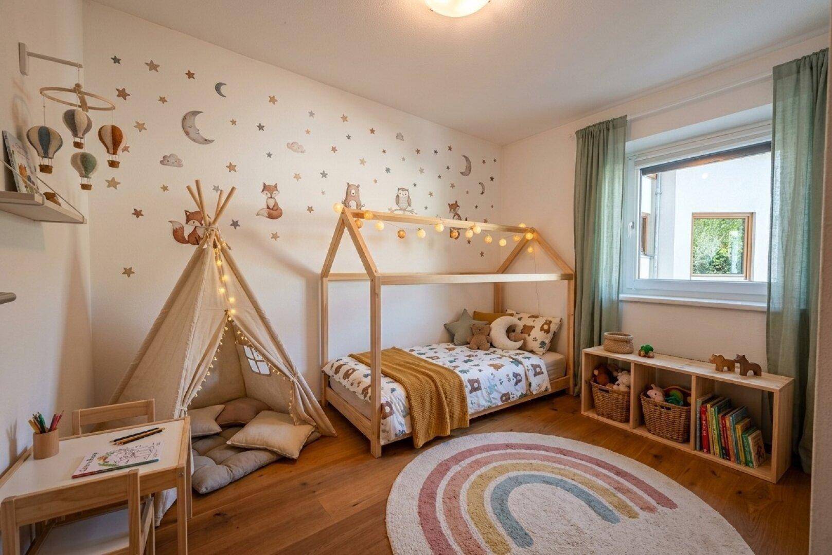 Freundliches Kinderzimmer mit Holzboden, Spielzelt und farbenfroher Wanddekoration.