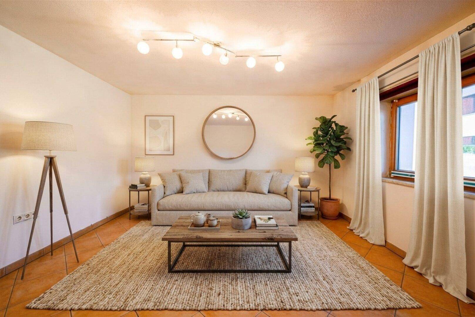 Helles Wohnzimmer mit beigem Sofa, Holztisch und Terrakottafliesen, modern eingerichtet.