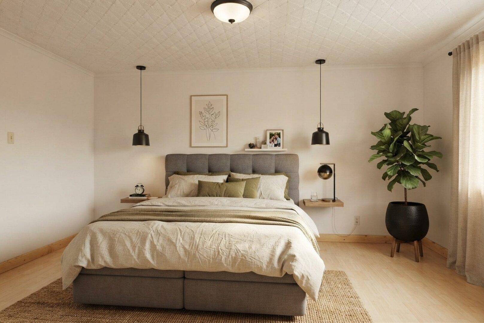 Modern eingerichtetes Schlafzimmer mit Doppelbett, schwebenden Nachttischen und Holzboden.