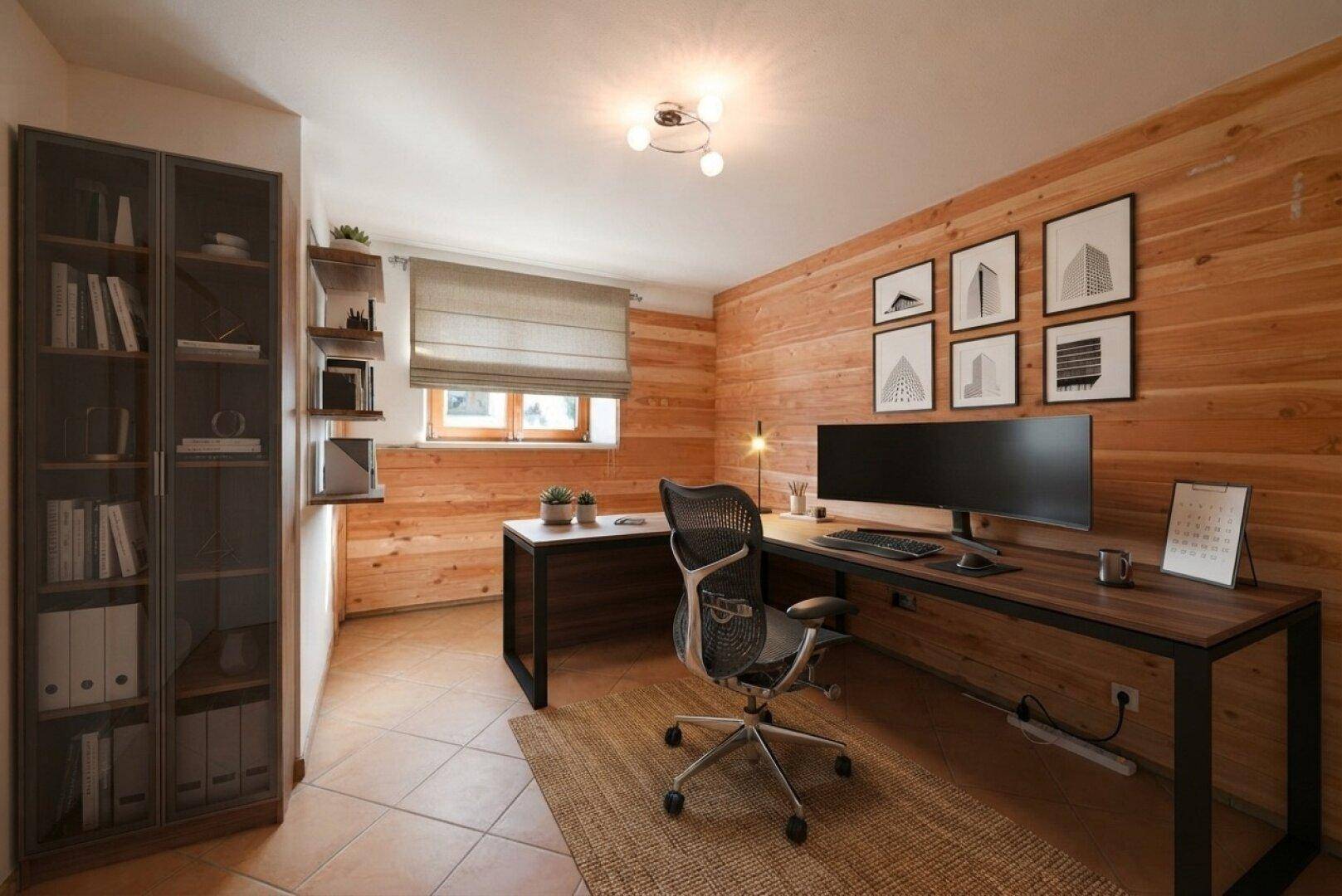 Geräumiges Büro mit großem Schreibtisch, Bücherregal und Holzwandverkleidung.