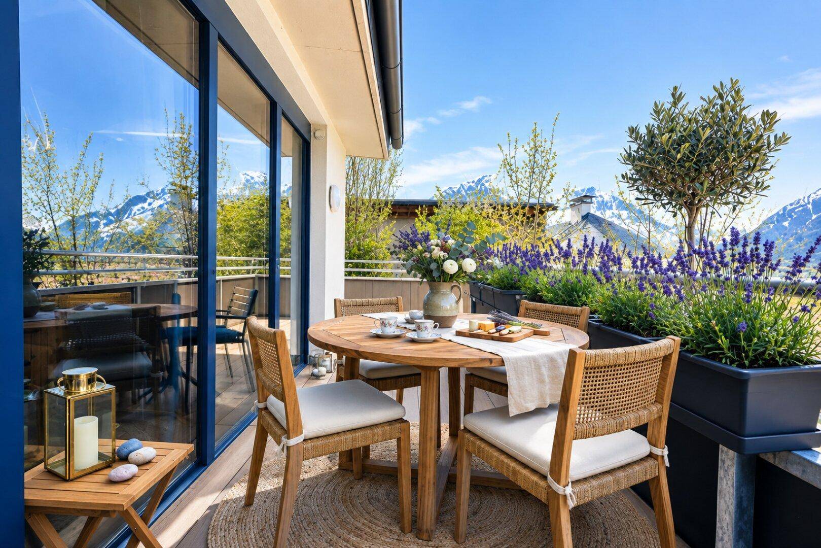 Sonniger Balkon mit Esstisch, Stühlen und Pflanzen, bietet einen weiten Bergblick.