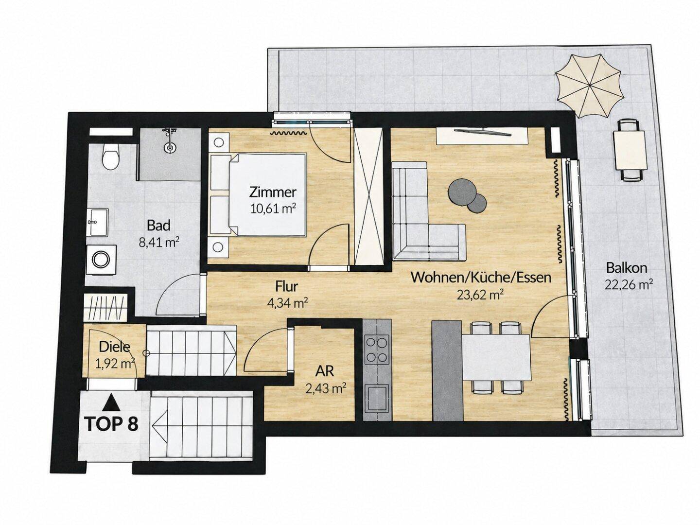Grundriss der Wohnung mit offenem Wohnbereich, Schlafzimmer und großem Balkon.