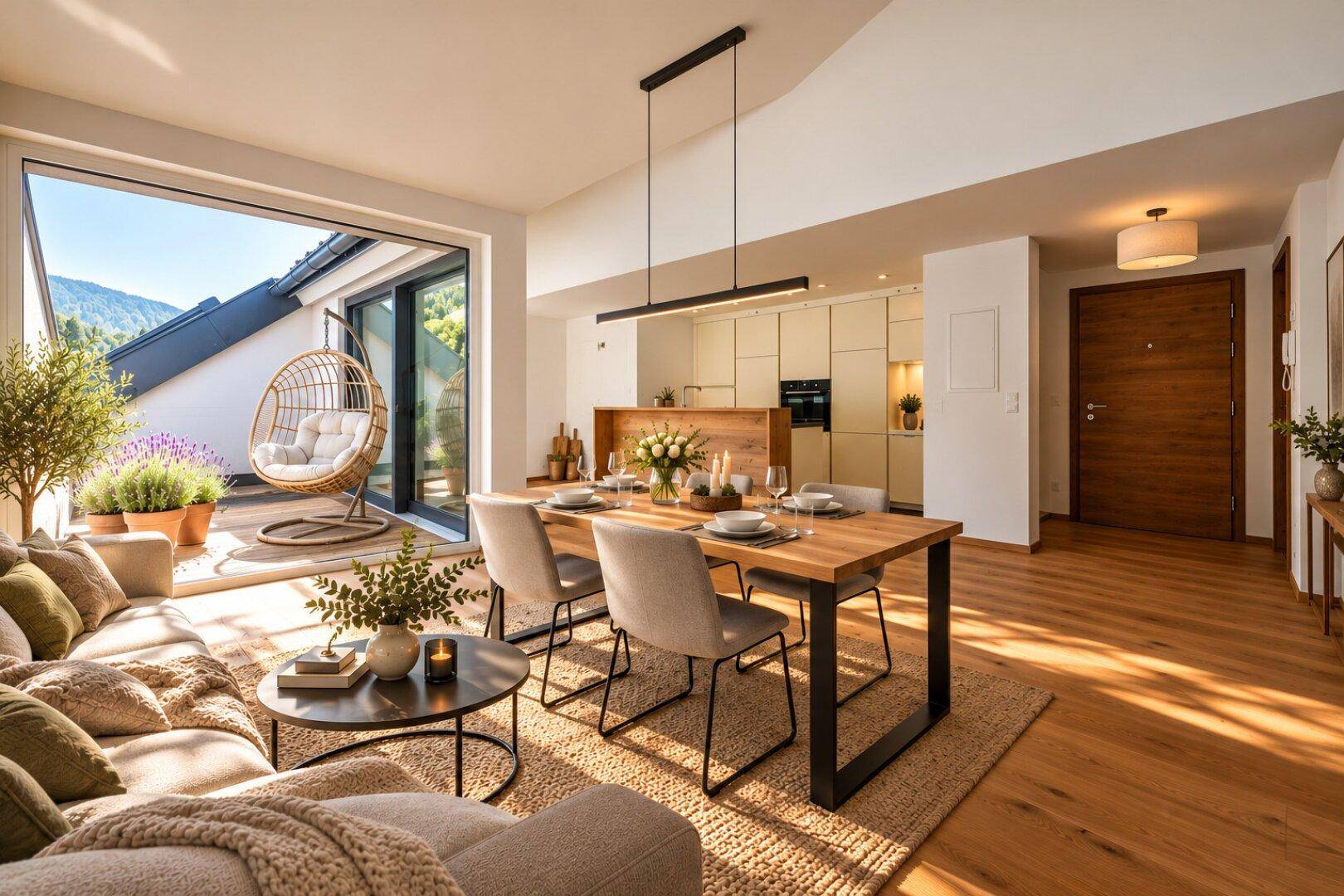 Lichtdurchfluteter Wohn-Essbereich mit Holzboden, moderner Einrichtung und direktem Zugang zur Terrasse.