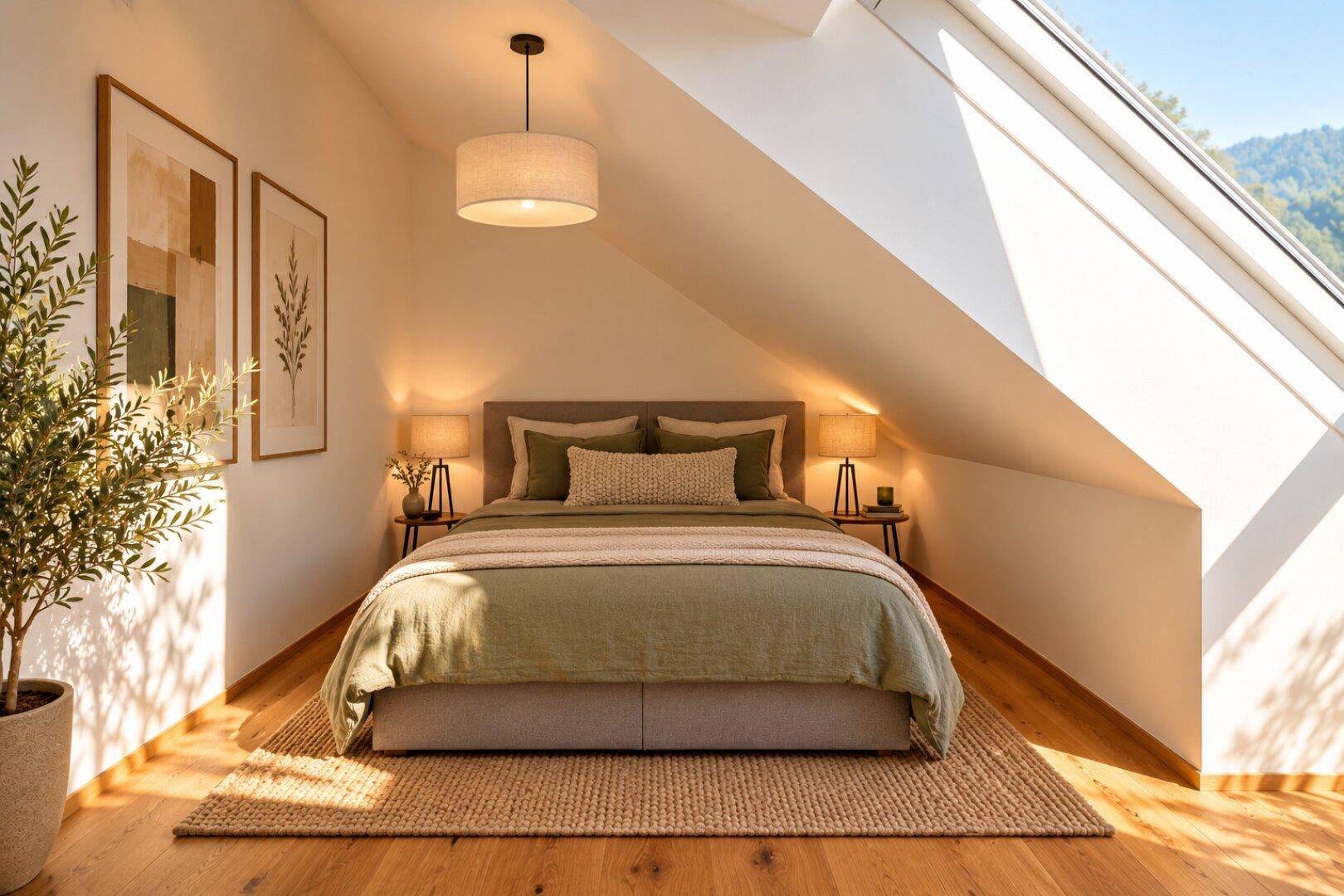Helles Schlafzimmer im Dachgeschoss mit Dachfenster, Holzboden und moderner, minimalistischer Einrichtung.