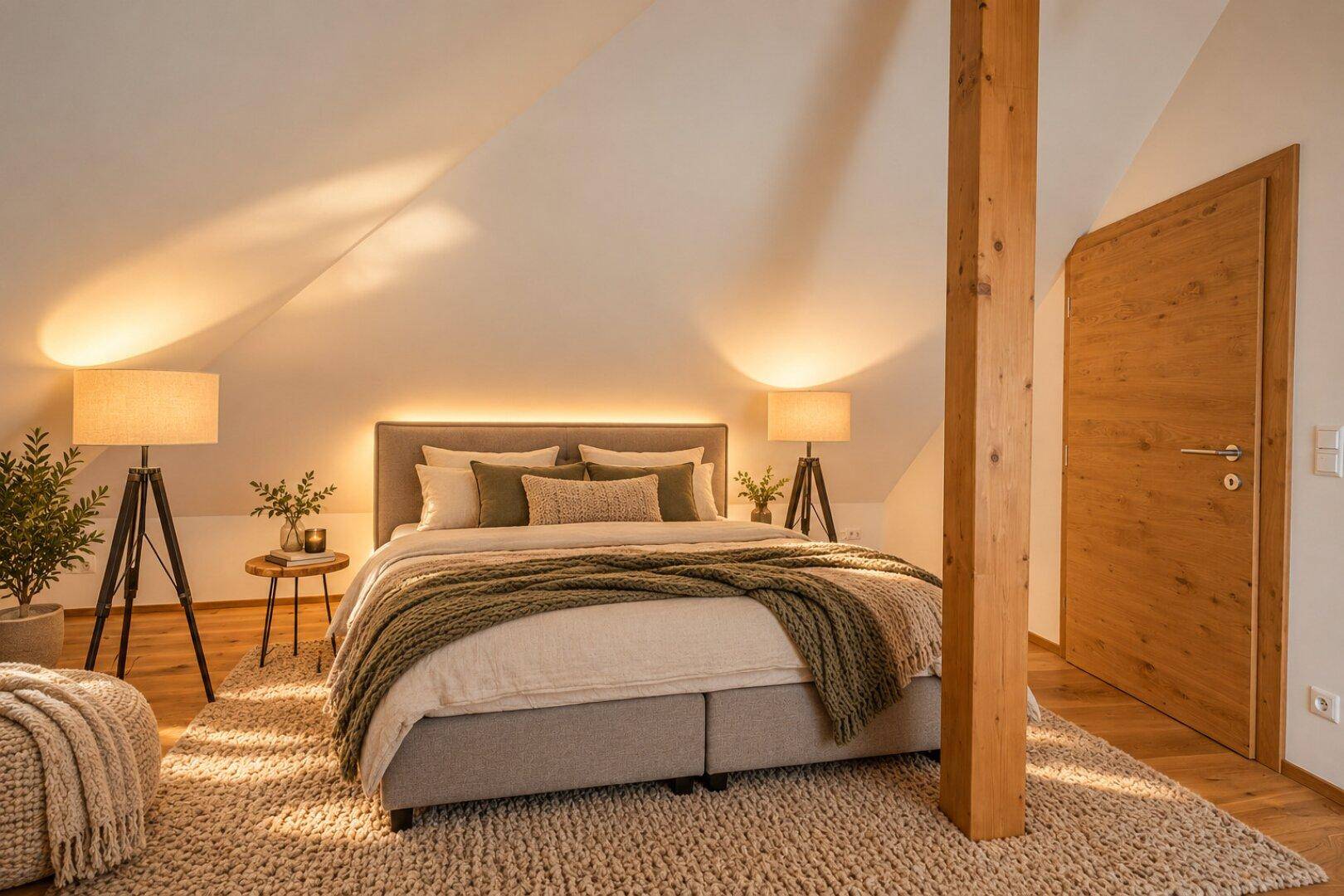 Gemütliches Schlafzimmer im Dachgeschoss mit Holzbalken, Teppichboden und indirekter Beleuchtung.