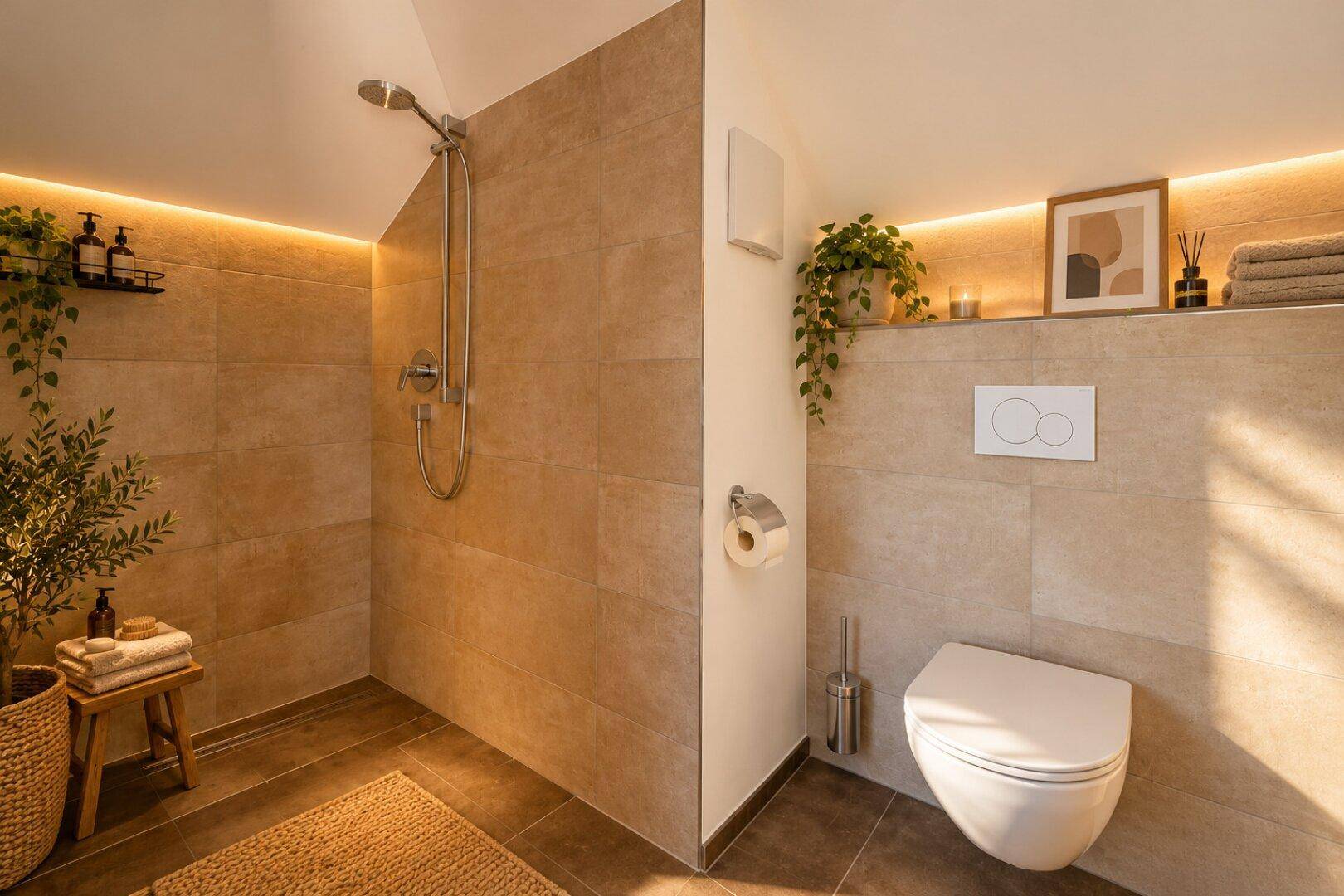 Modernes Badezimmer mit begehbarer Dusche, Wand-WC und indirekter Beleuchtung für eine entspannende Atmosphäre.