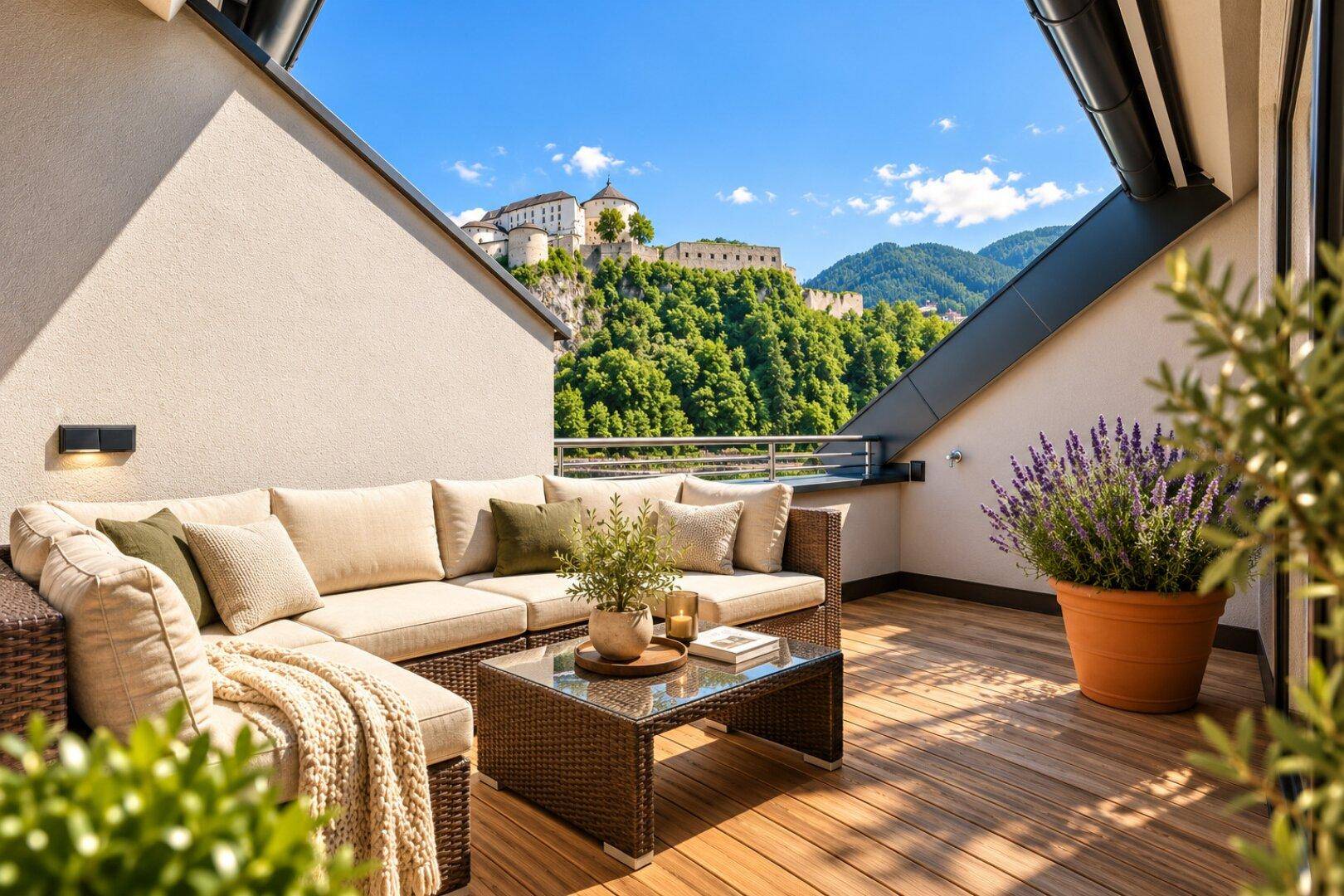 Geräumige Terrasse mit bequemen Loungemöbeln und einem malerischen Blick auf die Burg und die Berge.