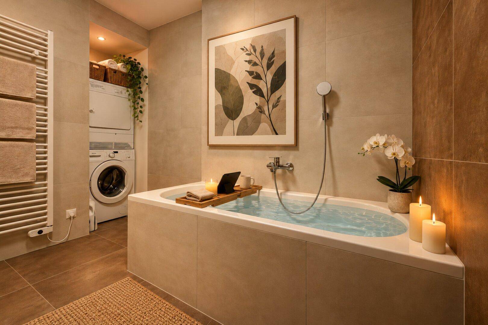 Modernes Badezimmer mit Badewanne, integrierter Waschküche und warmen Fliesen.