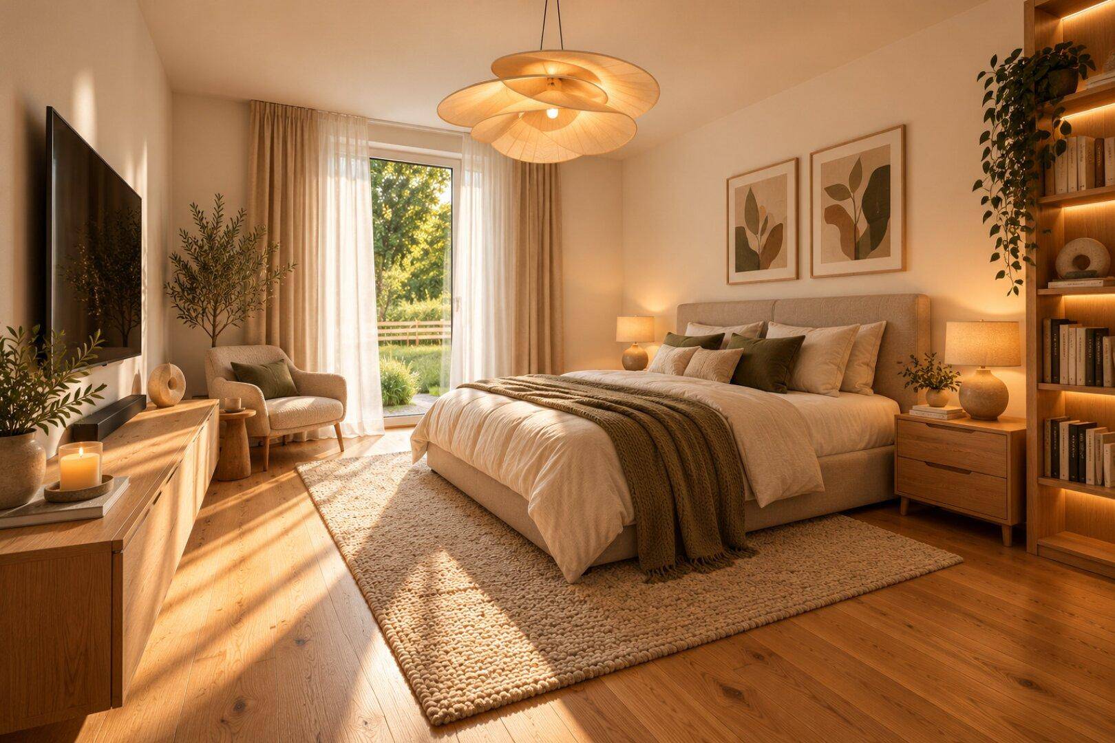 Gemütliches Schlafzimmer mit Holzboden, großem Fenster und direktem Zugang zum Garten.