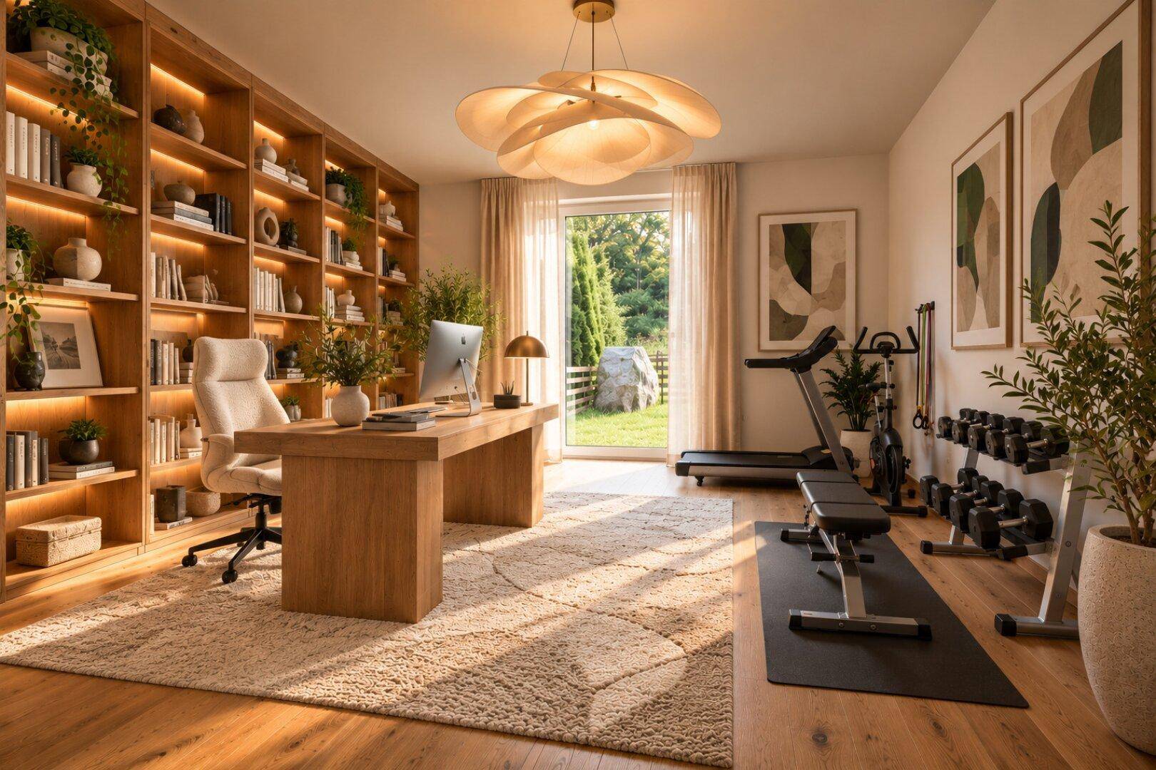 Geräumiges Arbeitszimmer mit integriertem Fitnessbereich, Bücherregal und Gartenblick.