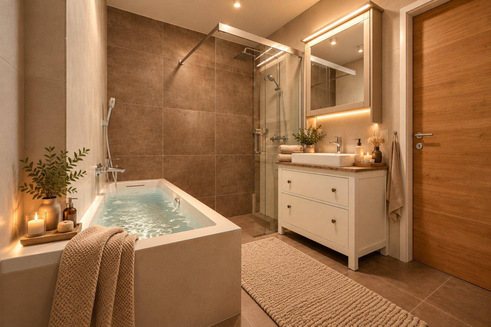 Modernes Badezimmer mit Badewanne, separater Dusche und beleuchtetem Spiegelschrank.