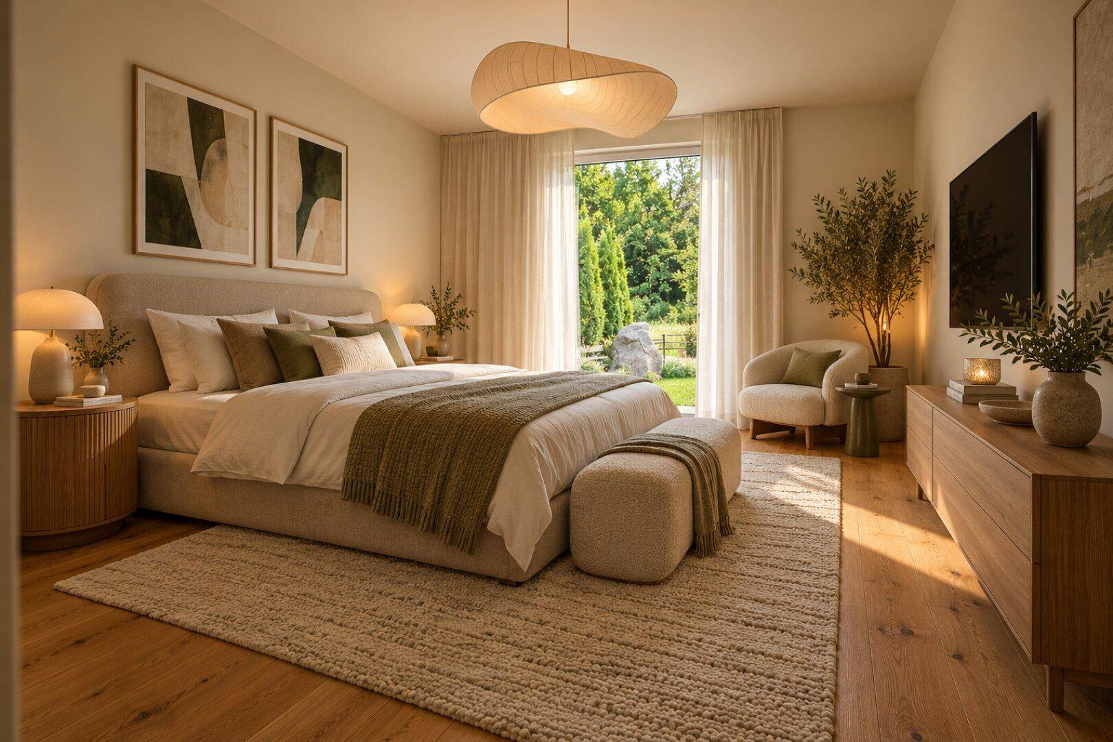 Helles Schlafzimmer mit Holzboden, großem Fenster und Blick ins Grüne.