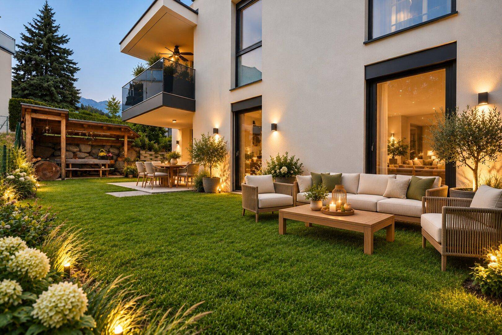 Gepflegter Gartenbereich mit Terrasse, Sitzgelegenheiten und Außenbeleuchtung am Abend.