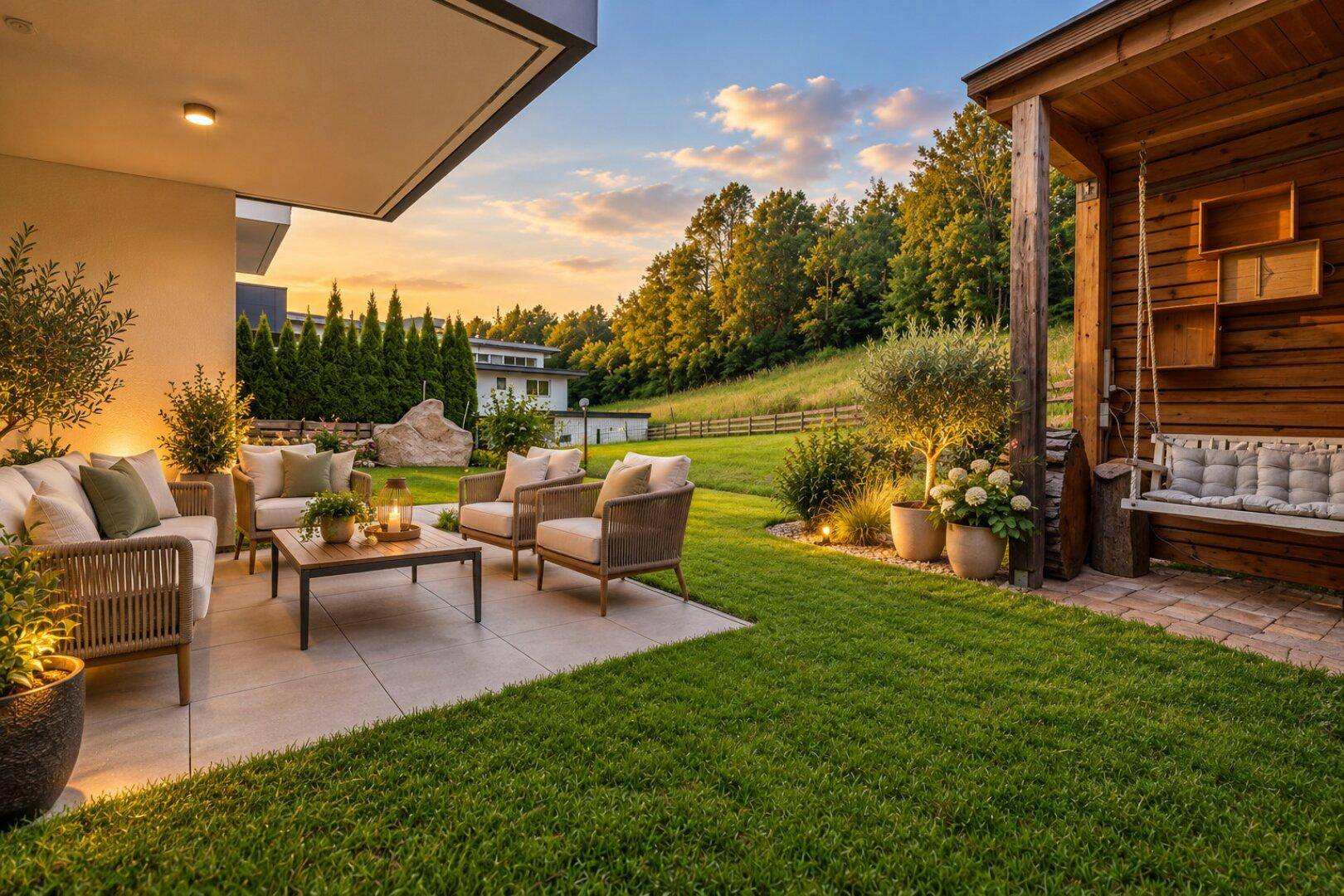 Große Terrasse mit Gartenmöbeln und Blick auf die umliegende grüne Landschaft.
