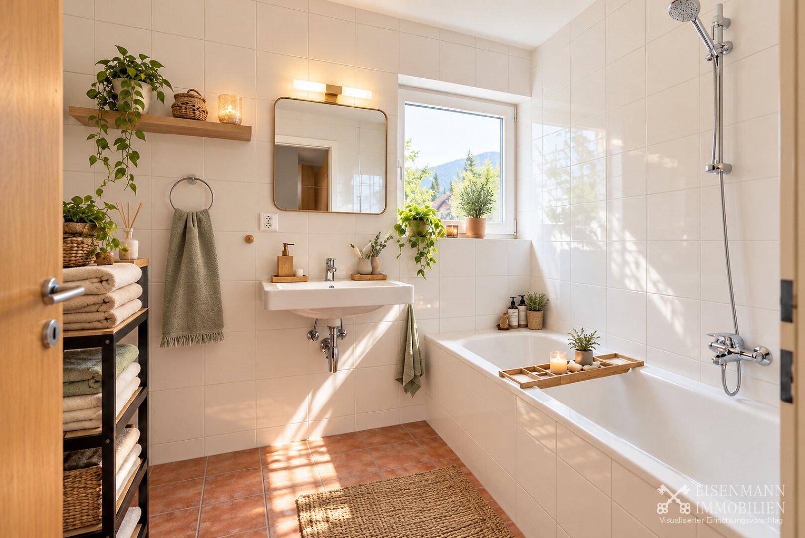 Helles Badezimmer mit Badewanne, Dusche und Fenster, dekoriert mit Pflanzen.