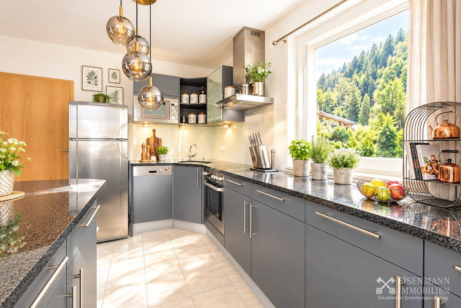 Moderne Küche mit grauen Schränken, Granitarbeitsplatten und Blick ins Grüne.