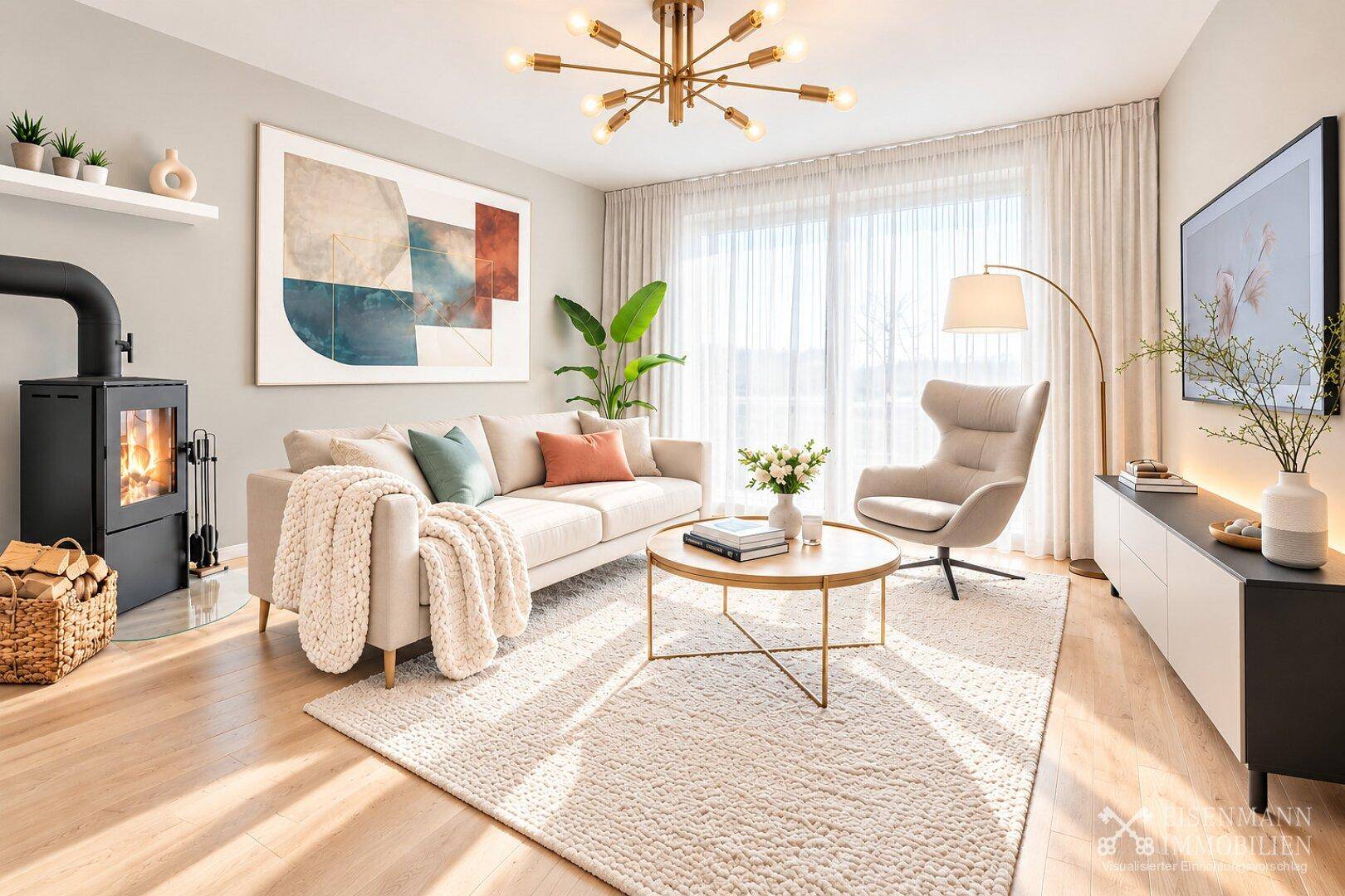 Gemütliches Wohnzimmer mit Kaminofen, hellem Sofa und moderner Dekoration.