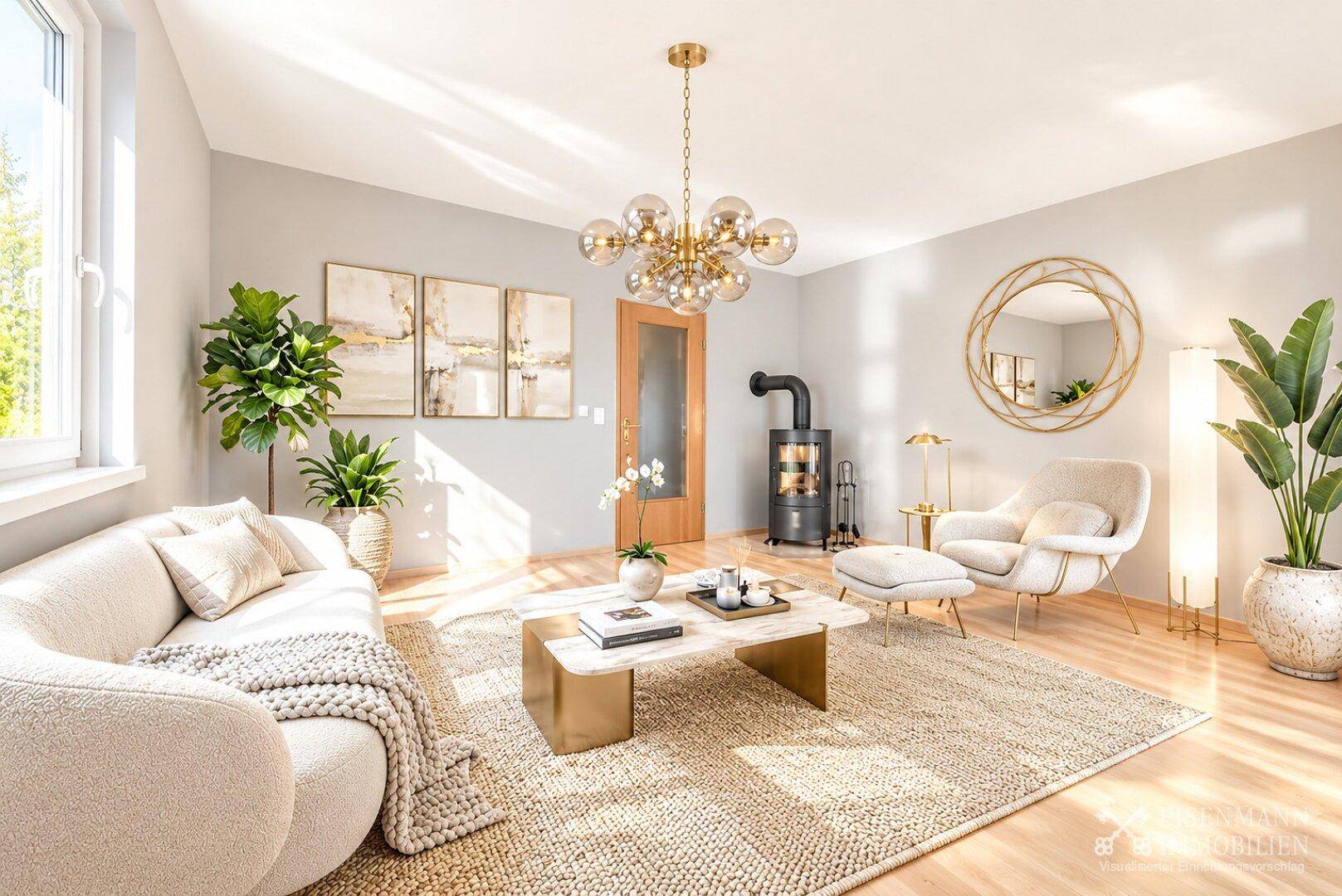 Geräumiges Wohnzimmer mit Kaminofen, hellem Sofa und moderner Einrichtung.