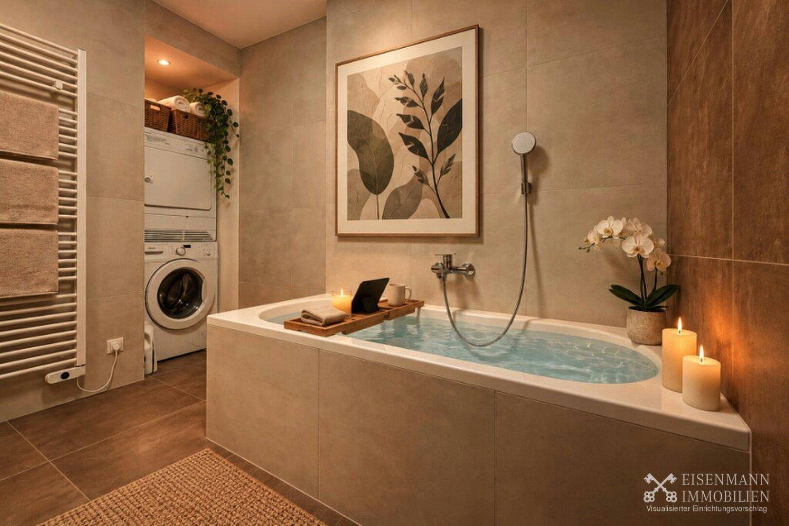 Modernes Badezimmer mit Badewanne, Fliesenboden und integriertem Waschmaschinen- und Trocknerbereich.