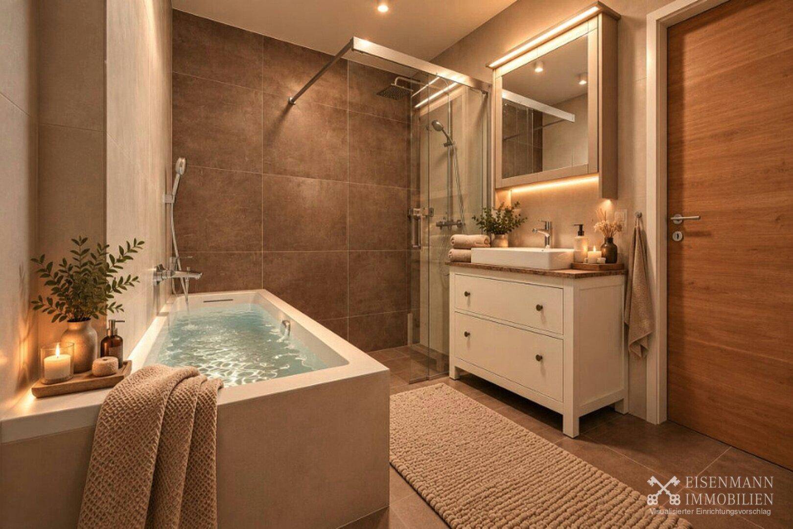 Elegantes Badezimmer mit Badewanne, separater Dusche und modernem Waschtisch mit Spiegelschrank.