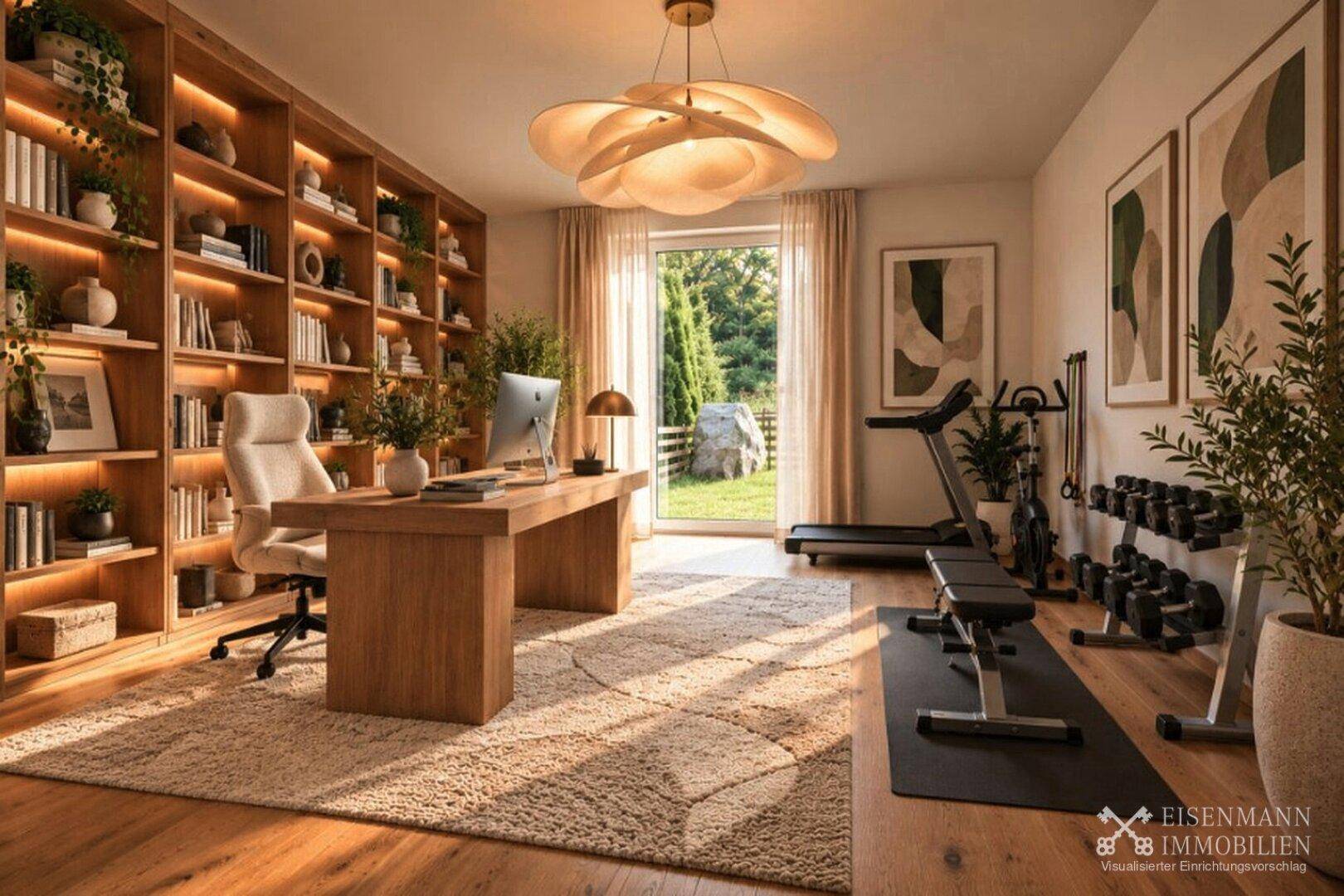 Geräumiges Arbeitszimmer mit großer Bibliothek, Holzboden und Fitnessgeräten mit Blick ins Grüne.