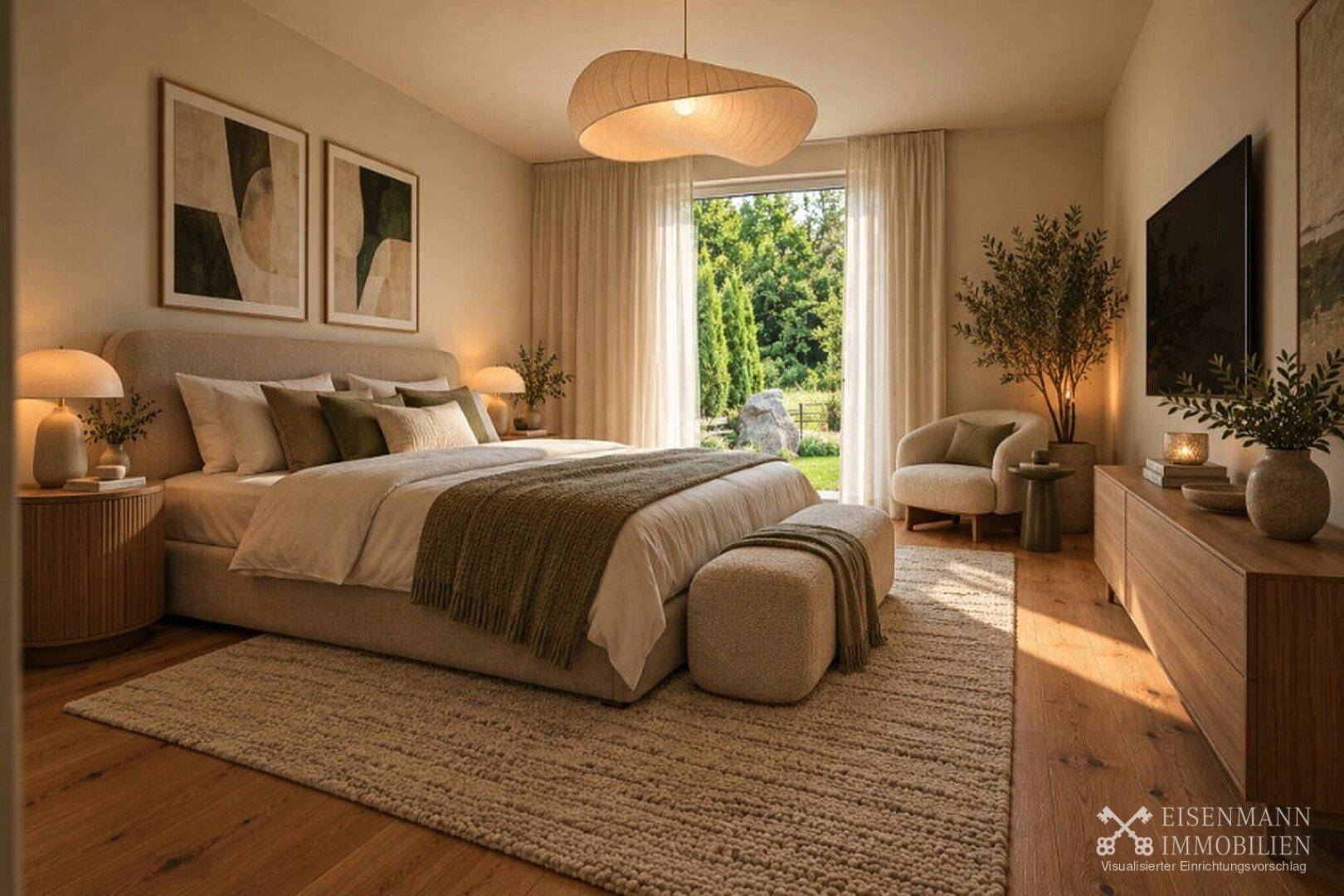 Gemütliches Schlafzimmer mit Doppelbett, Holzboden und großen Fenstern mit Blick ins Grüne.