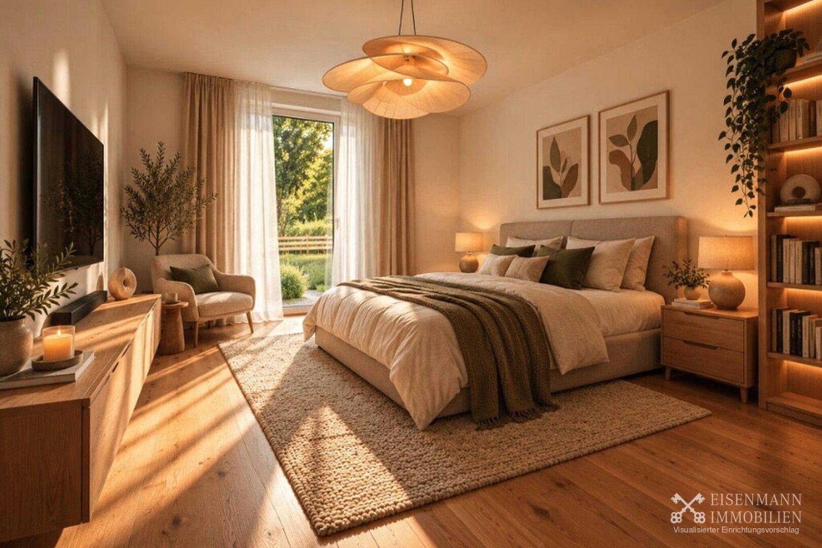 Stilvolles Schlafzimmer mit Holzboden, großem Bett und integriertem Bücherregal für zusätzlichen Stauraum.