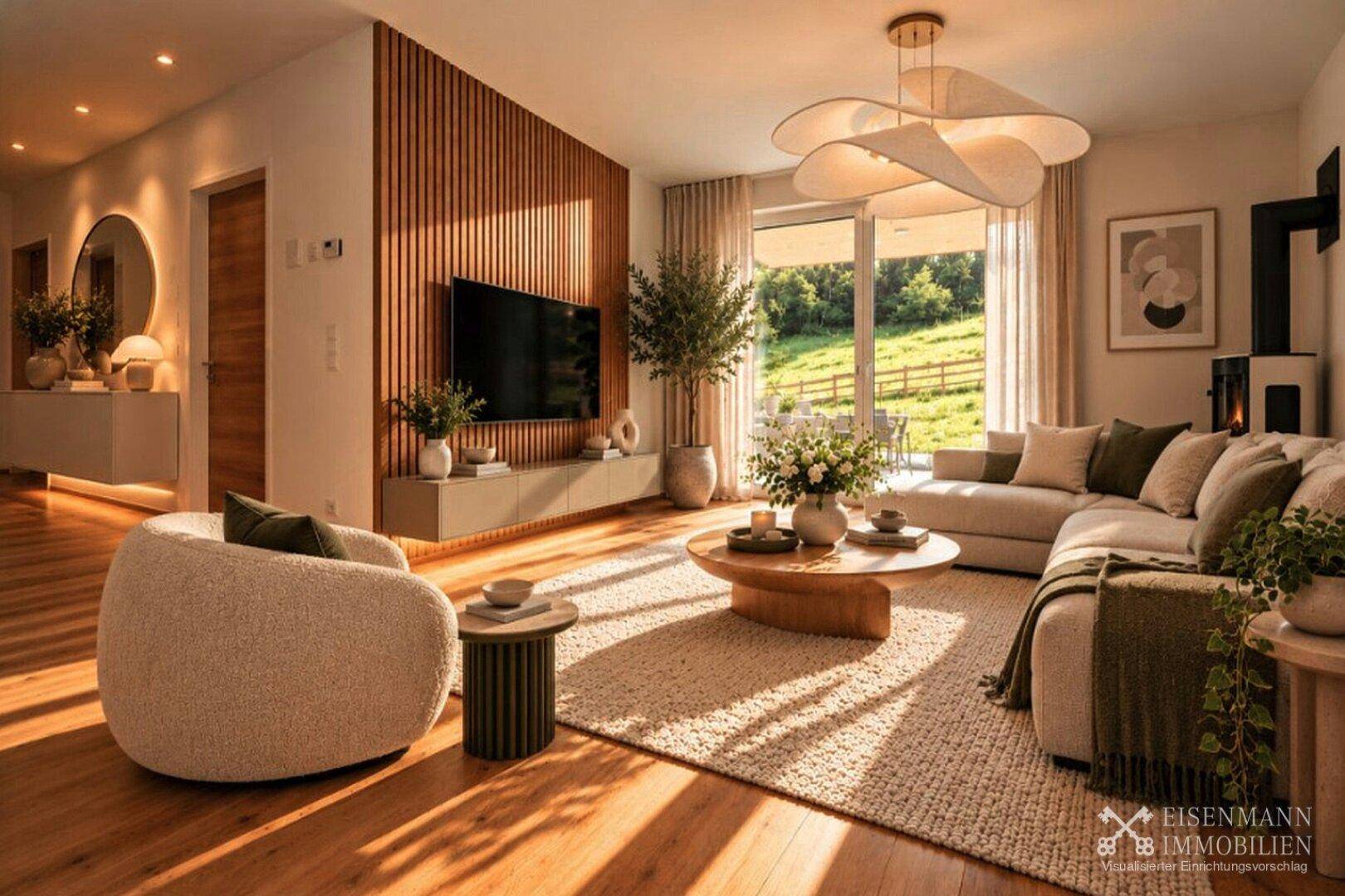Helles Wohnzimmer mit großem Sofa, Holzboden und Zugang zu einer Terrasse mit grüner Aussicht.