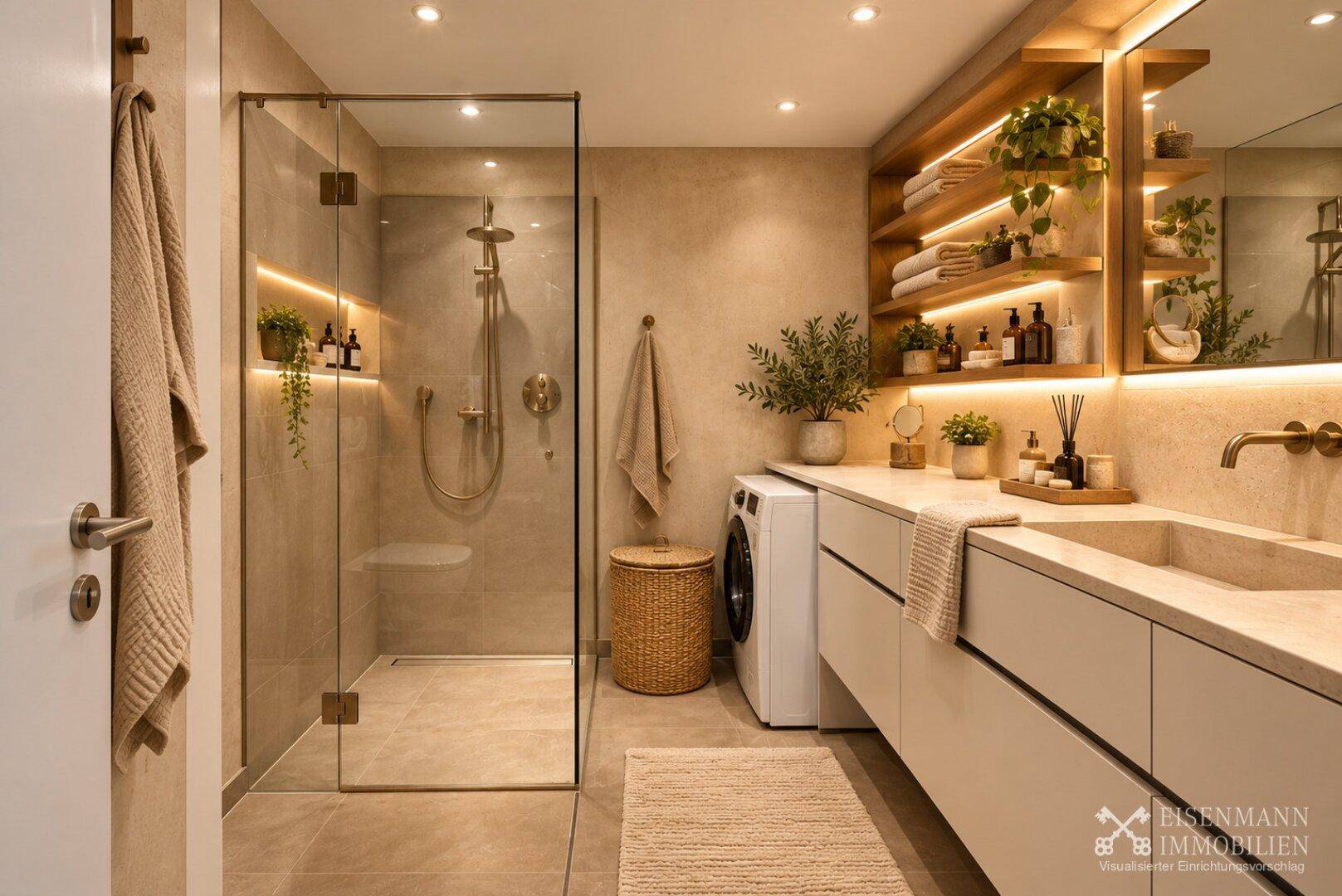 Modernes Badezimmer mit begehbarer Dusche, Waschmaschine und beleuchteten Holzregalen.