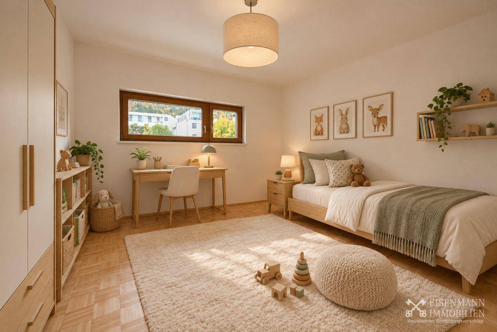 Kinderzimmer mit hellem Parkettboden, Einzelbett und Blick auf die umliegende Bebauung.