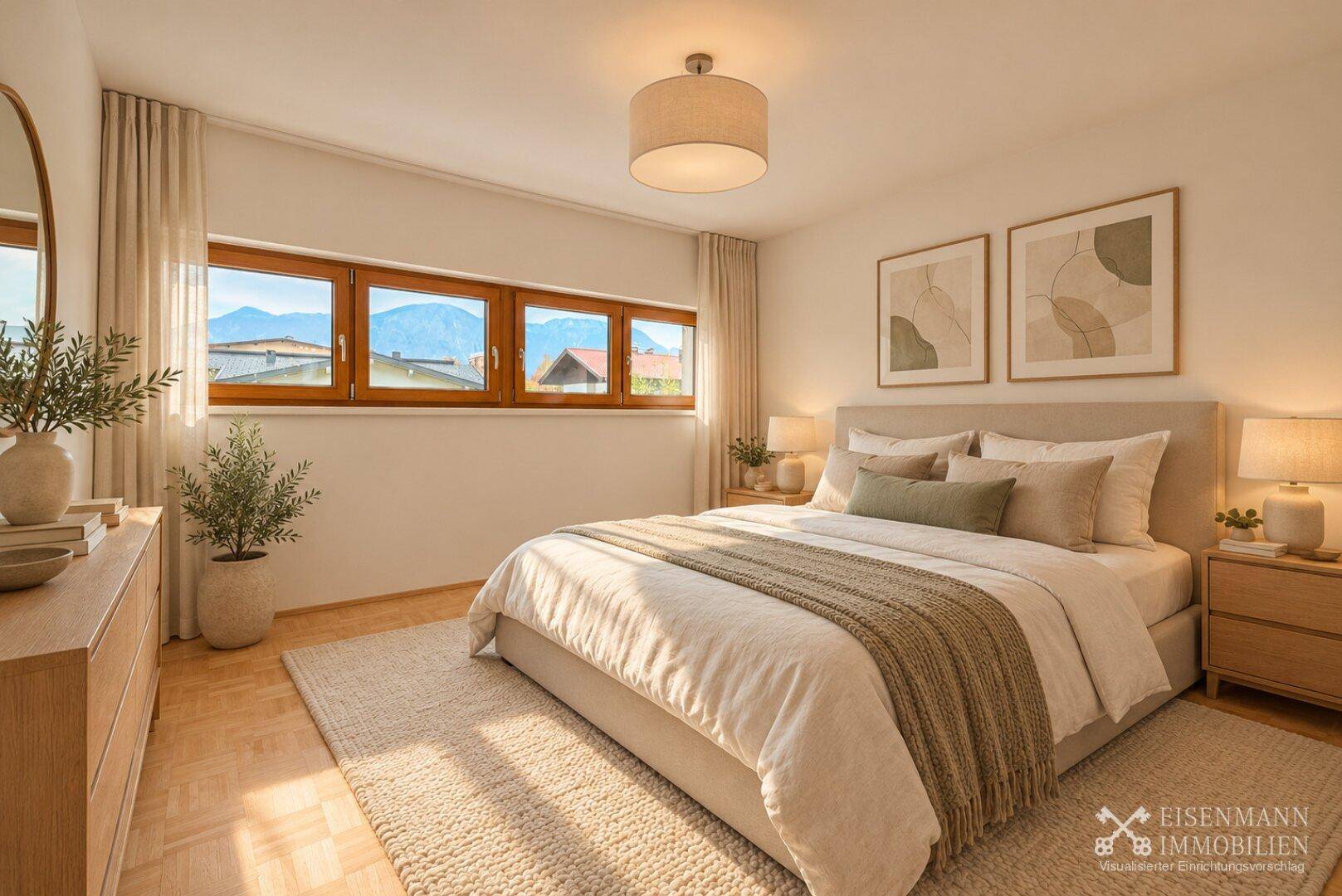 Schlafzimmer mit Doppelbett, Parkettboden und weitem Bergblick durch große Fenster.