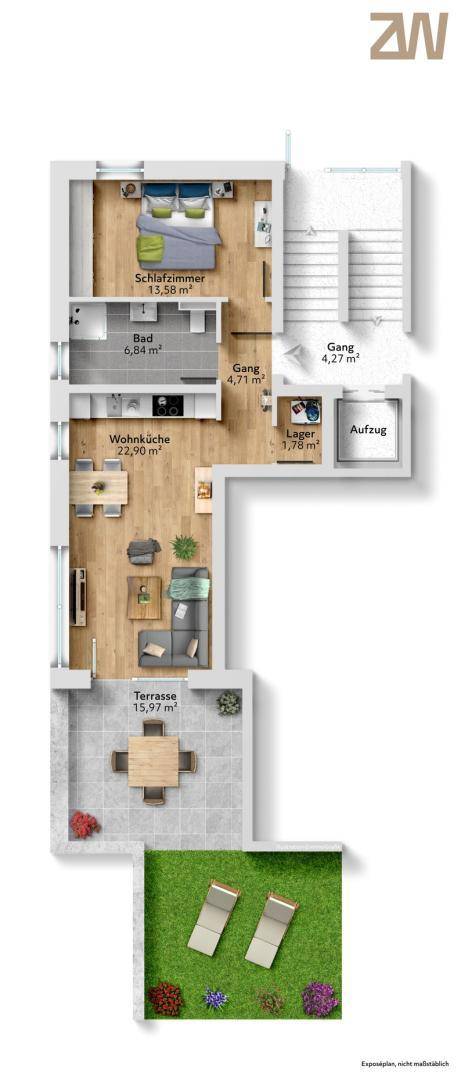 Detaillierter Grundriss einer 2-Zimmer-Wohnung mit offener Wohnküche, Terrasse und Gartenanteil.