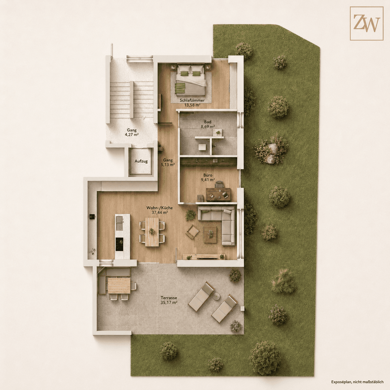 Detaillierter 3D-Grundriss mit offenem Wohn-/Küchenbereich, Schlafzimmer, Bad und großer Terrasse.