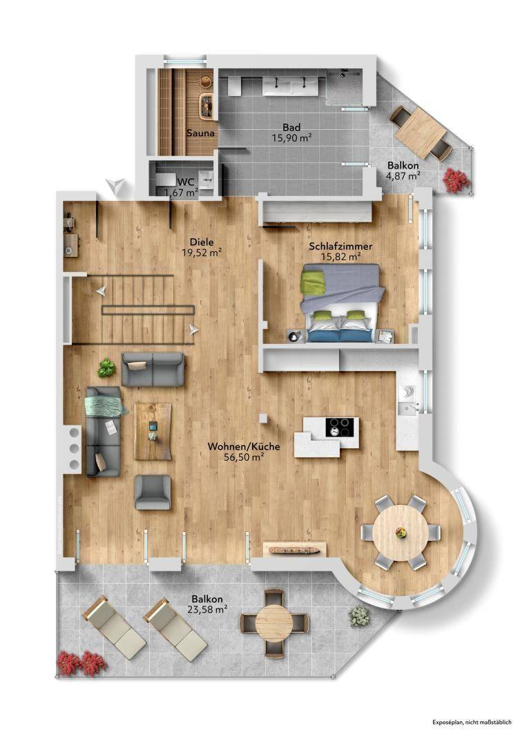 Grundriss einer Wohnung mit offenem Wohn-/Küchenbereich, Schlafzimmer, Bad mit Sauna und zwei Balkonen.