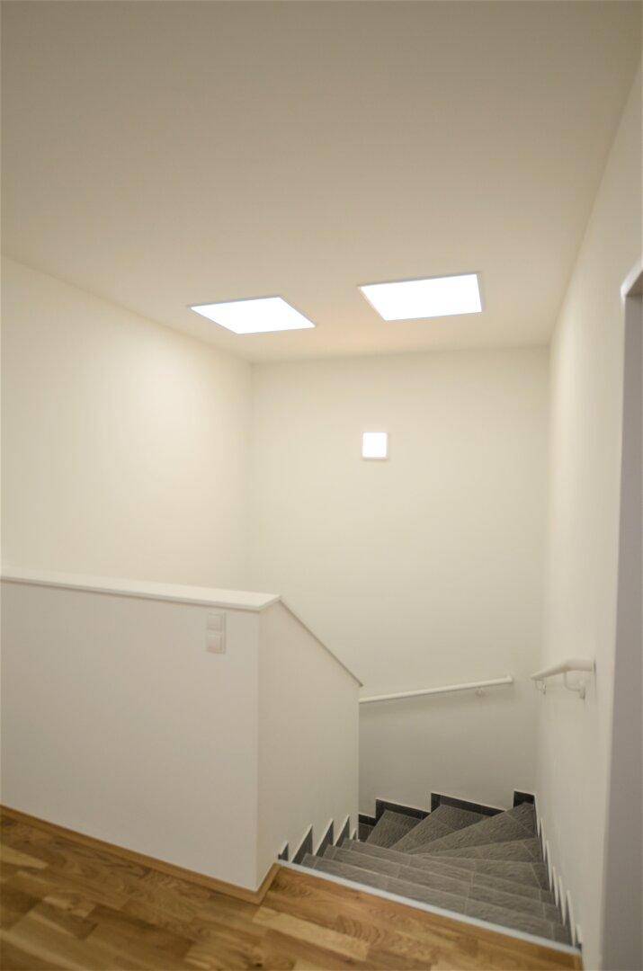 Treppenhaus mit Teppichstufen und Handlauf, beleuchtet durch Deckenleuchten.
