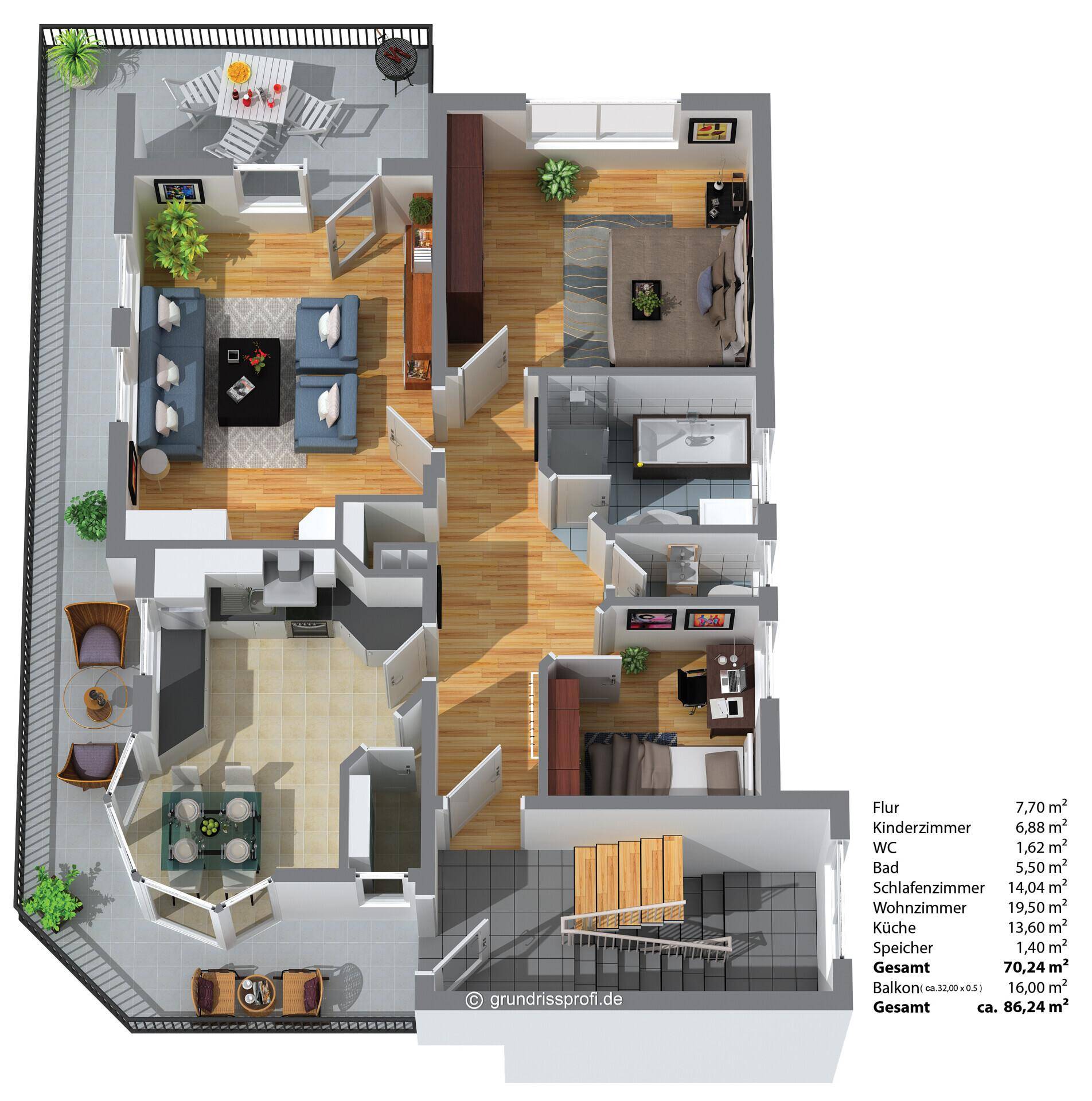 Detaillierter 3D-Grundriss einer Wohnung mit offenem Wohnbereich, Balkon und mehreren Zimmern.