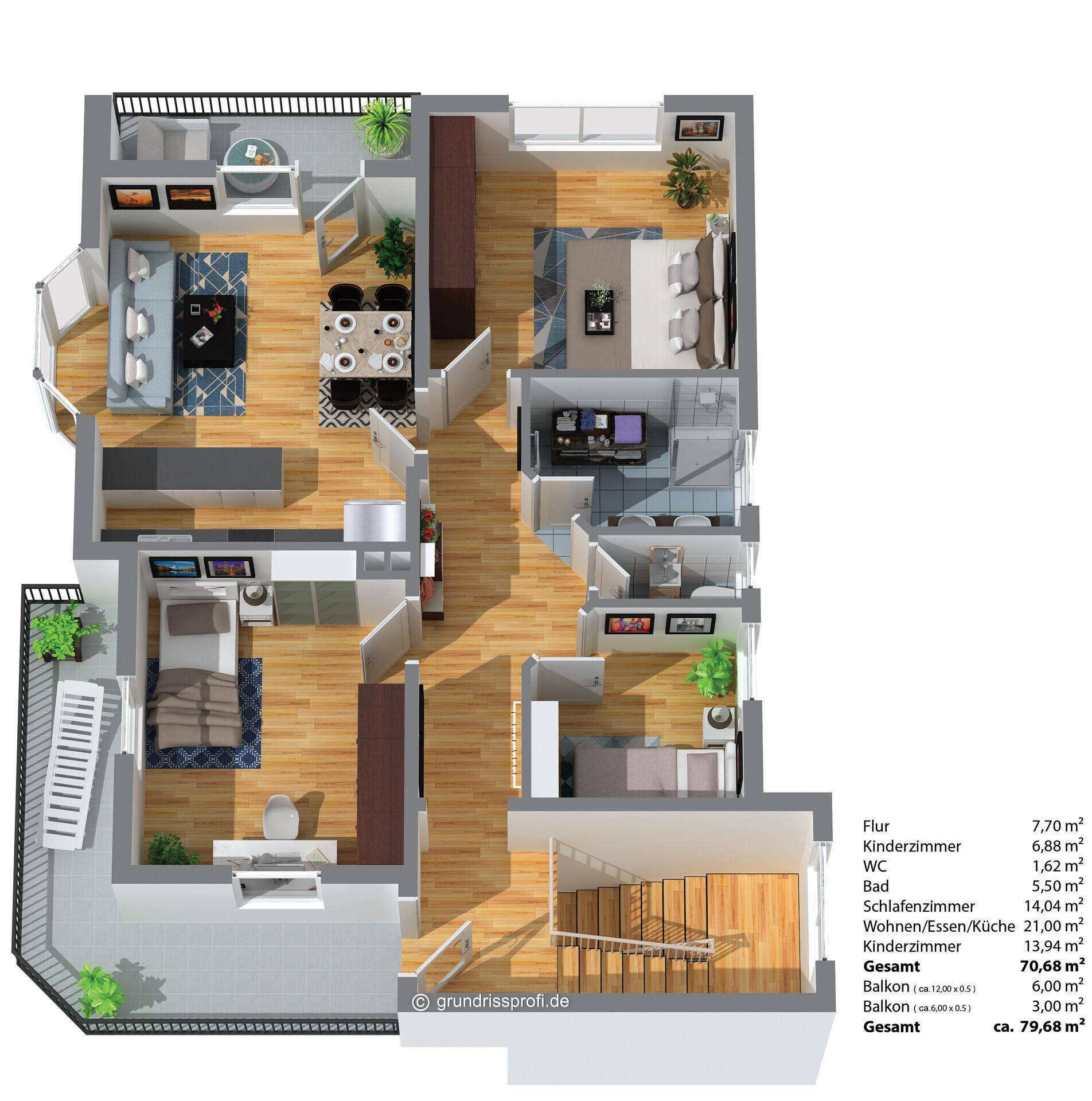 Visualisierter 3D-Grundriss einer modernen Wohnung mit Balkon und funktionaler Raumaufteilung.