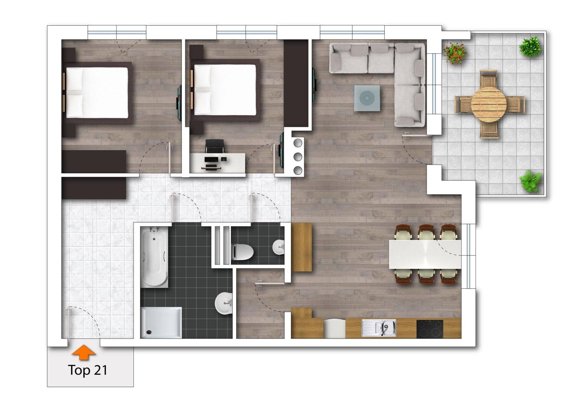 Detaillierter Grundriss einer Wohnung mit zwei Schlafzimmern, zwei Bädern und großer Terrasse.
