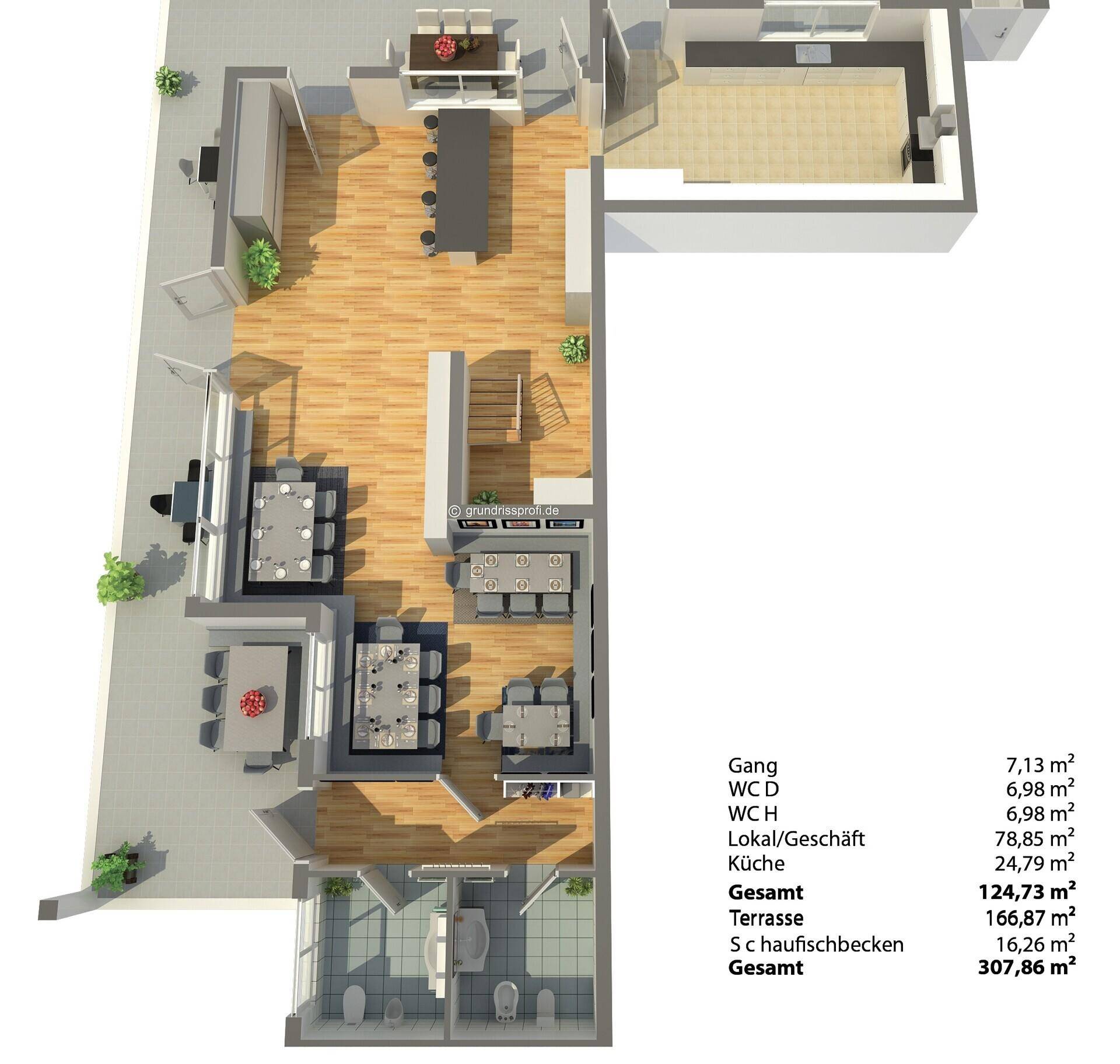 Detaillierter 3D-Grundriss mit Raumaufteilung und Flächenangaben für verschiedene Bereiche.